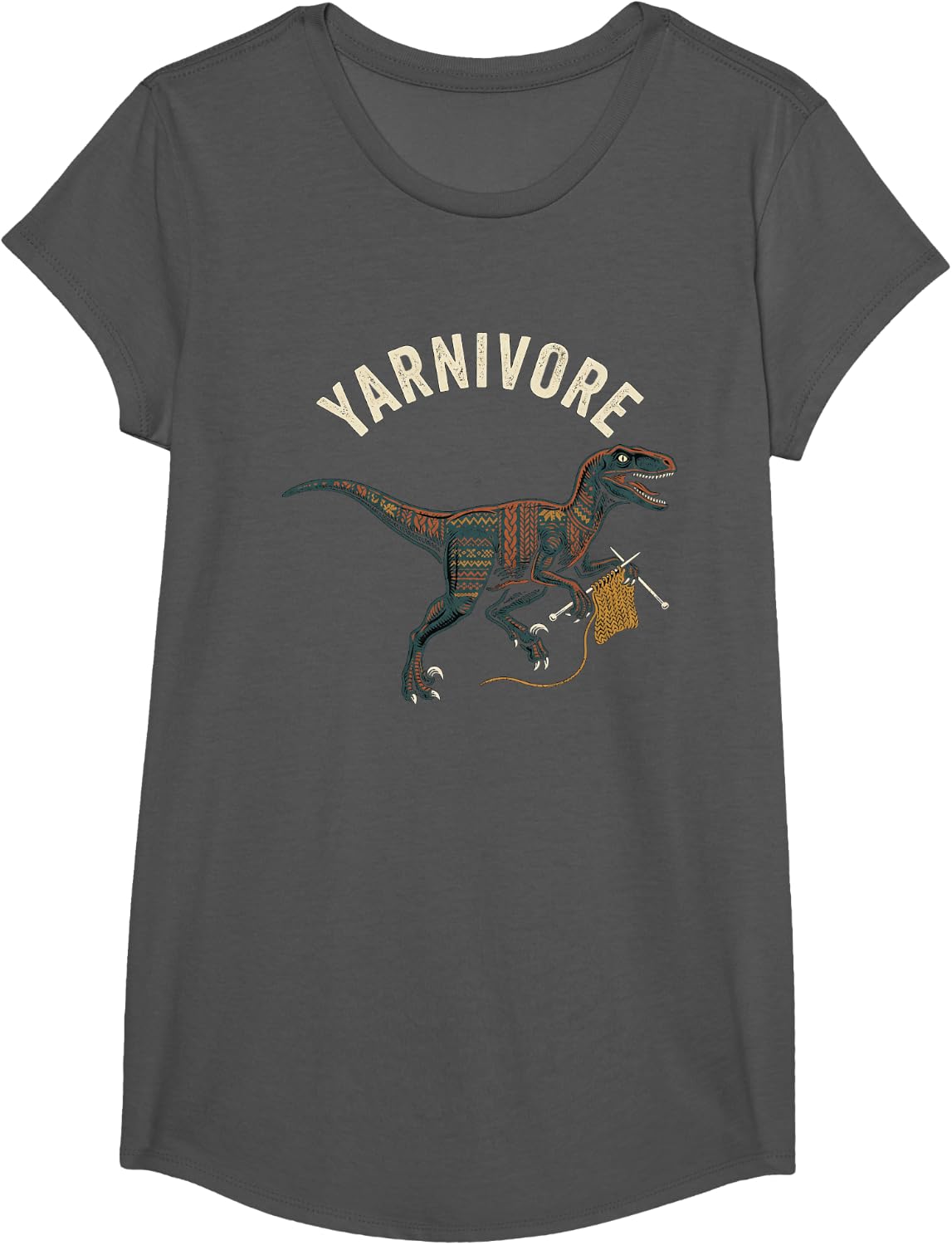 Knitting T-Rex Dinosaur Crochet Yarn Funny Yarnivore Knitter T-Shirt - Girls Asphalt Grey
