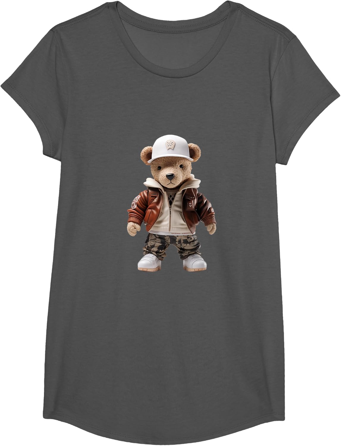 Urban hip hop novelty graphic teddy bear T-Shirt - Girls Asphalt Grey