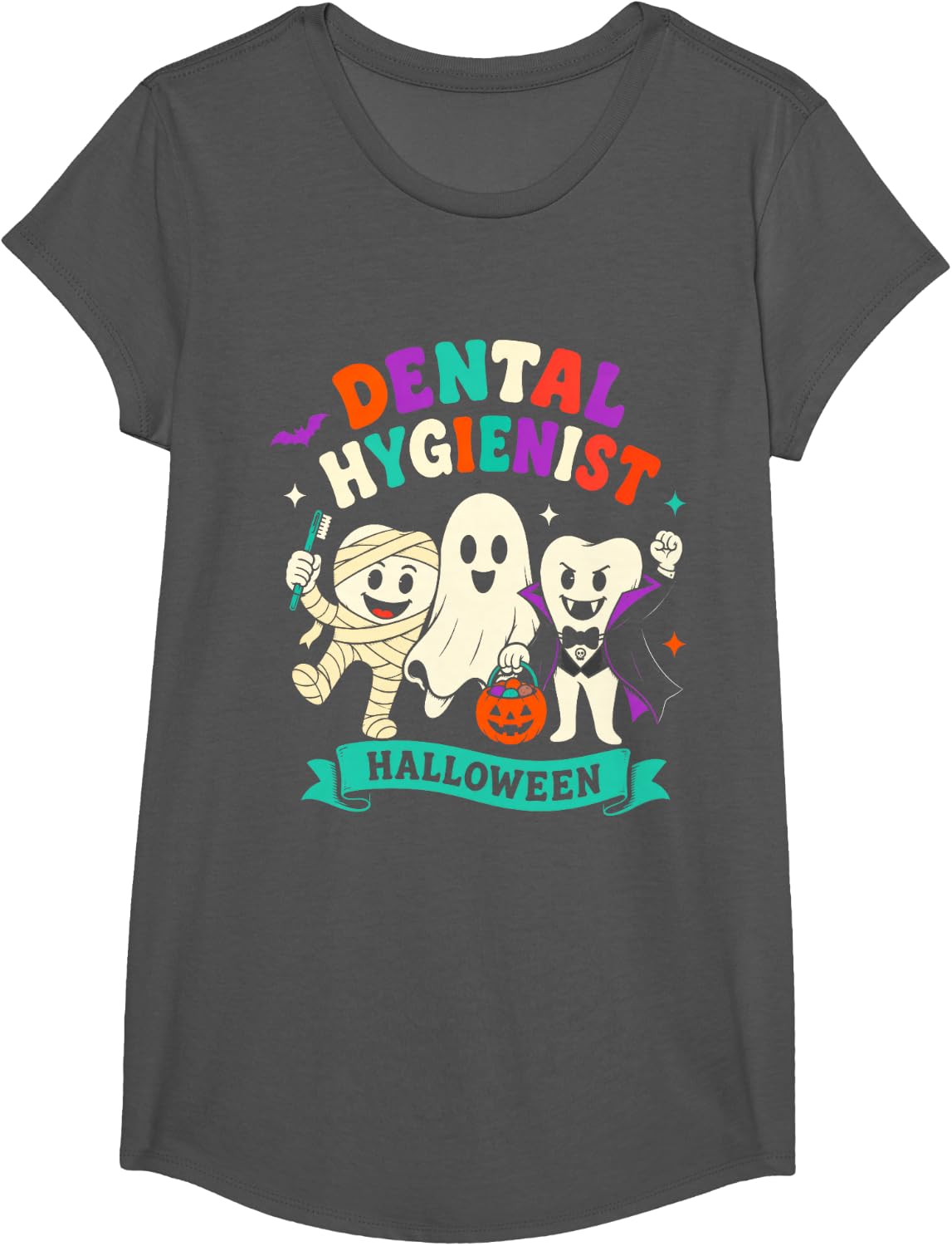 Dental Hygienist Halloween Cute Ghost Mummy Vampire Teeth T-Shirt - Girls Asphalt Grey
