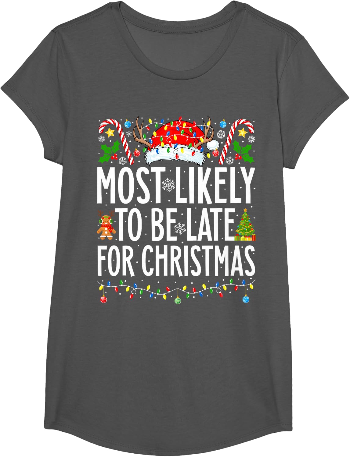Most Likely To Be Late For Christmas Funny Family Christmas T-Shirt - Girls Asphalt Grey