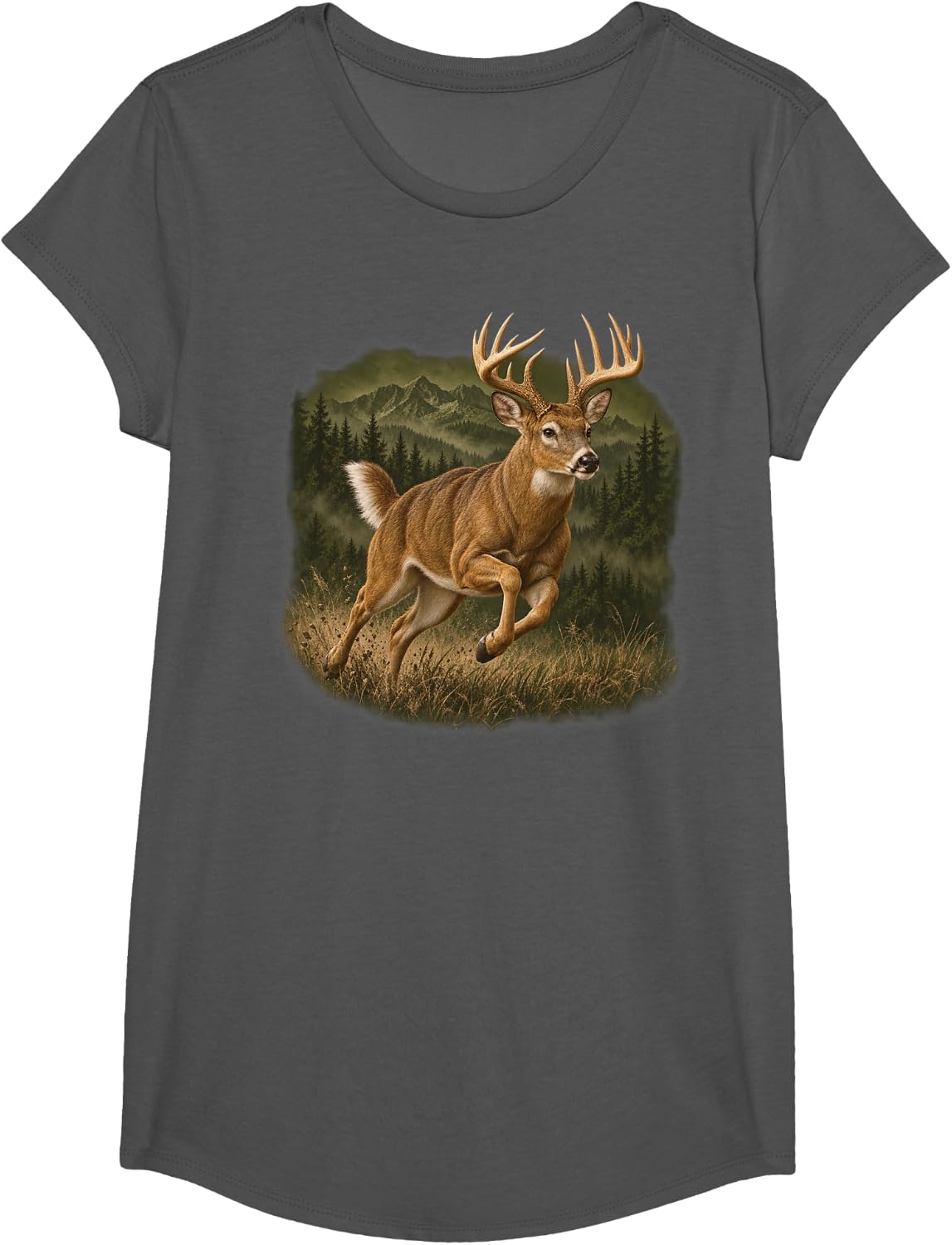 Whitetail Buck Leaping Deer Hunting Wildlife Art T-Shirt - Girls Asphalt Grey