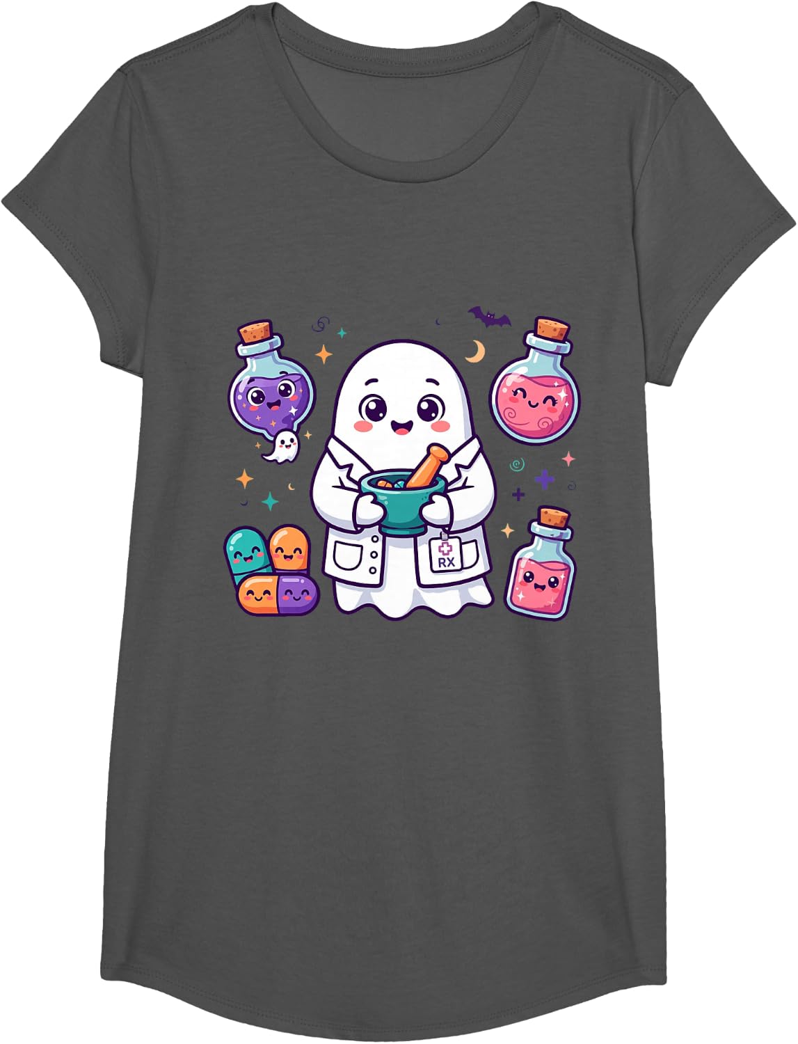Pharmacy Technician Pharmacist Medical Halloween Boo Crew T-Shirt - Girls Asphalt Grey