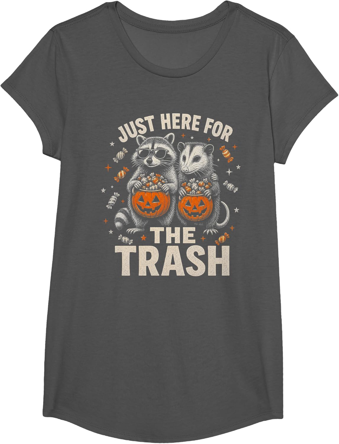 Halloween Raccoon Opossum Just Here for the Trash T-Shirt - Girls Asphalt Grey