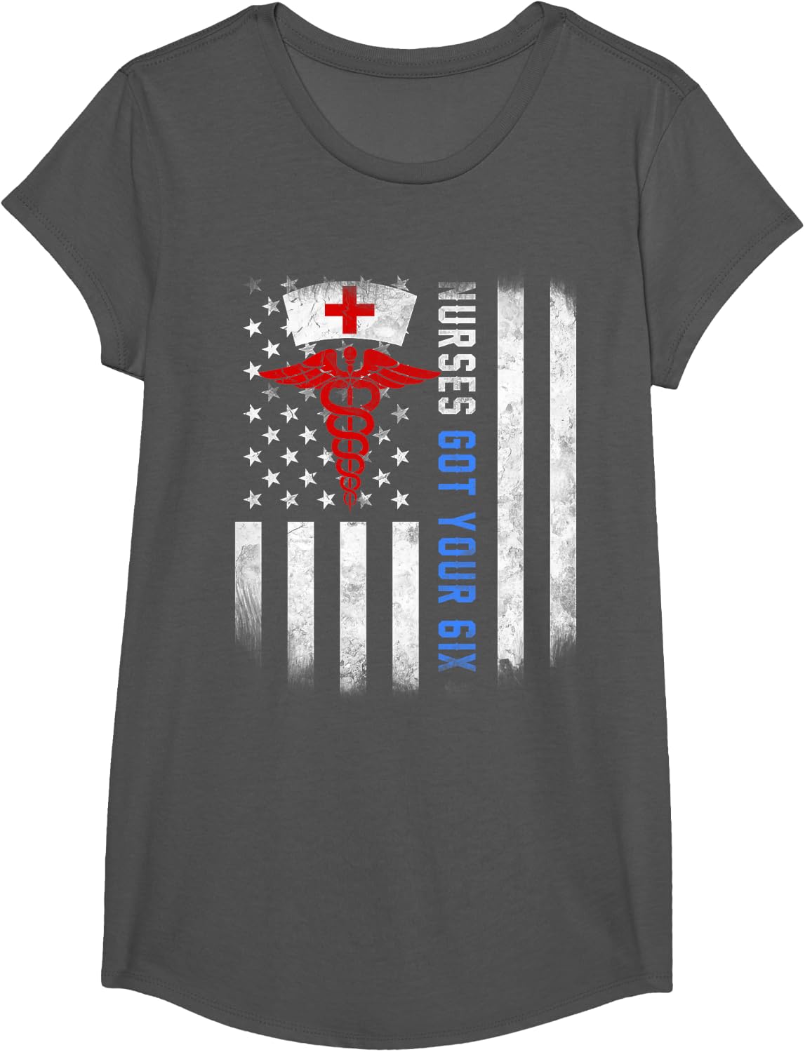 nurses got your six Shirt US Flag T-Shirt - Girls Asphalt Grey