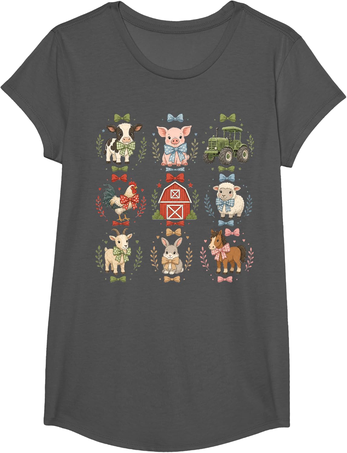 Charming Farm Animals with Bows Illustration T-Shirt - Girls Asphalt Grey