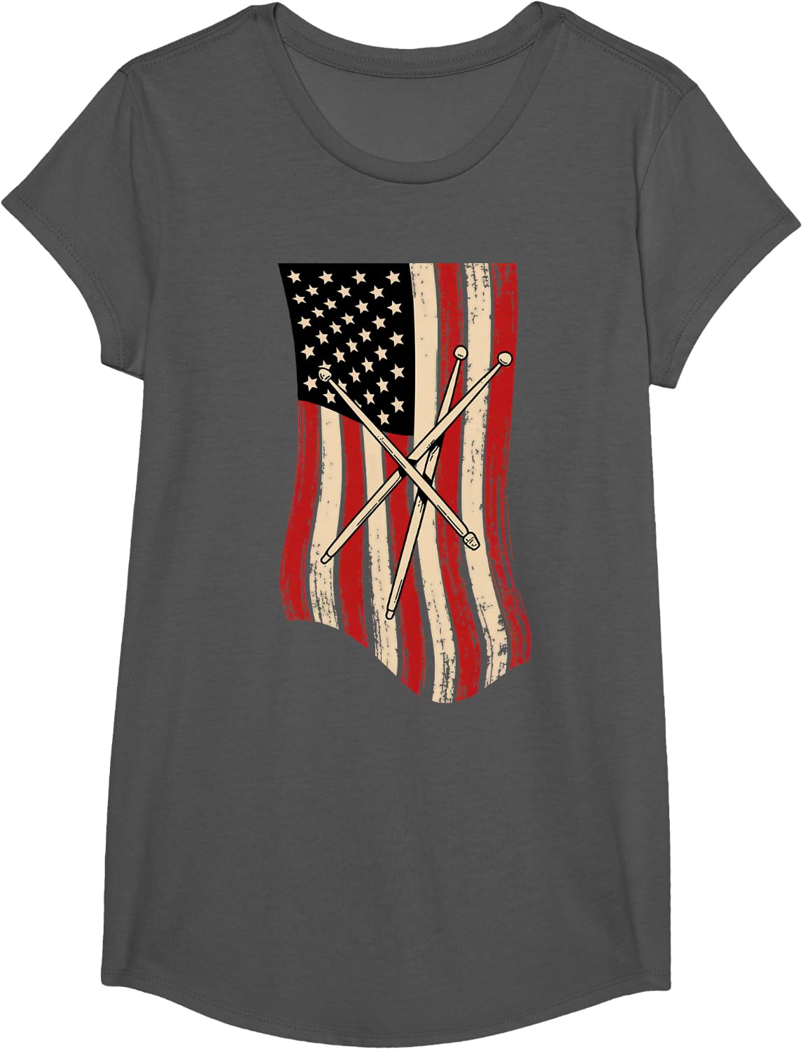 Patriotic Drumsticks American Flag Design for Drummers T-Shirt - Girls Asphalt Grey