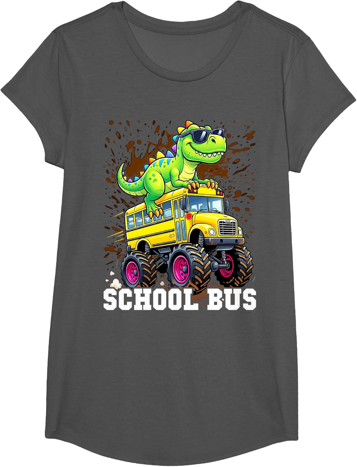 Dinosaur T-rex On Monster Truck School Bus Driver Graphic T-Shirt - Girls Asphalt Grey