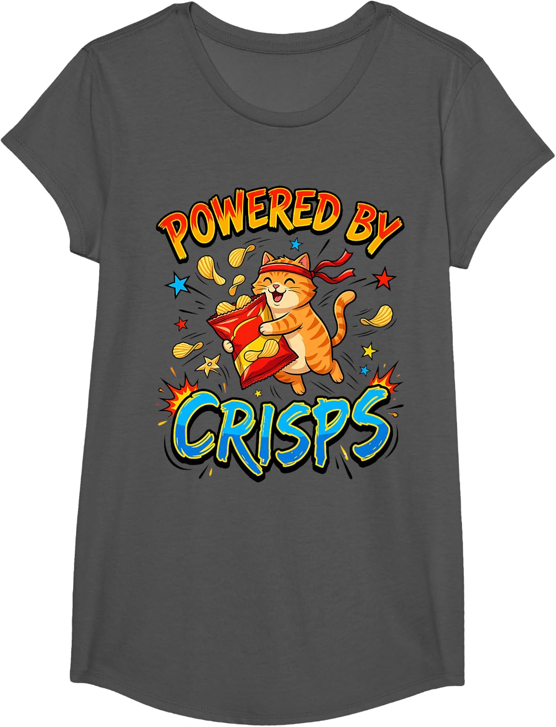 Powered By Crisps Funny Ninja Cat British Snack Lover T-Shirt - Girls Asphalt Grey