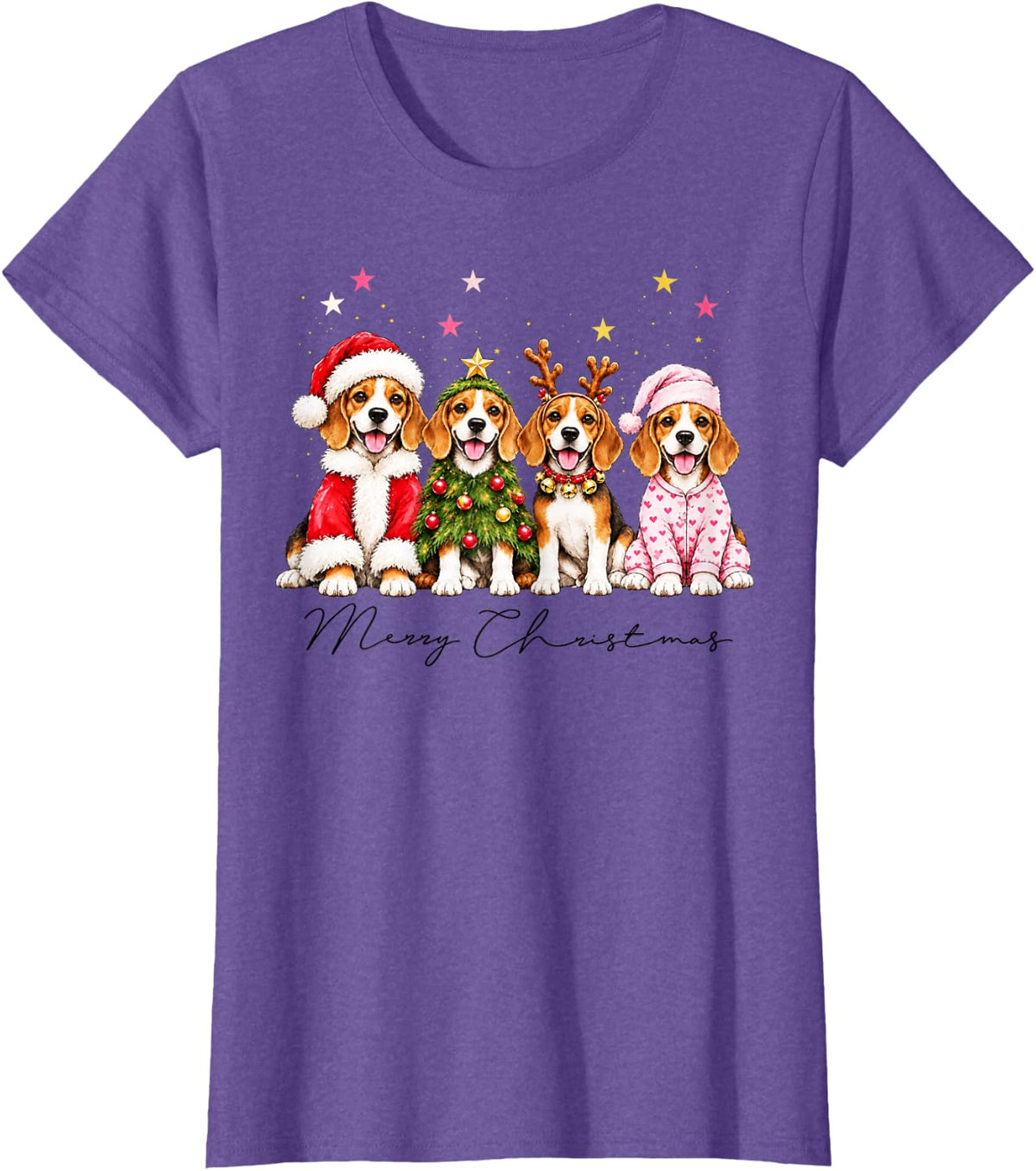 Merry Christmas Beagle Cute Dog Santa Hat Tree Reindeer T-Shirt - Purple Heather