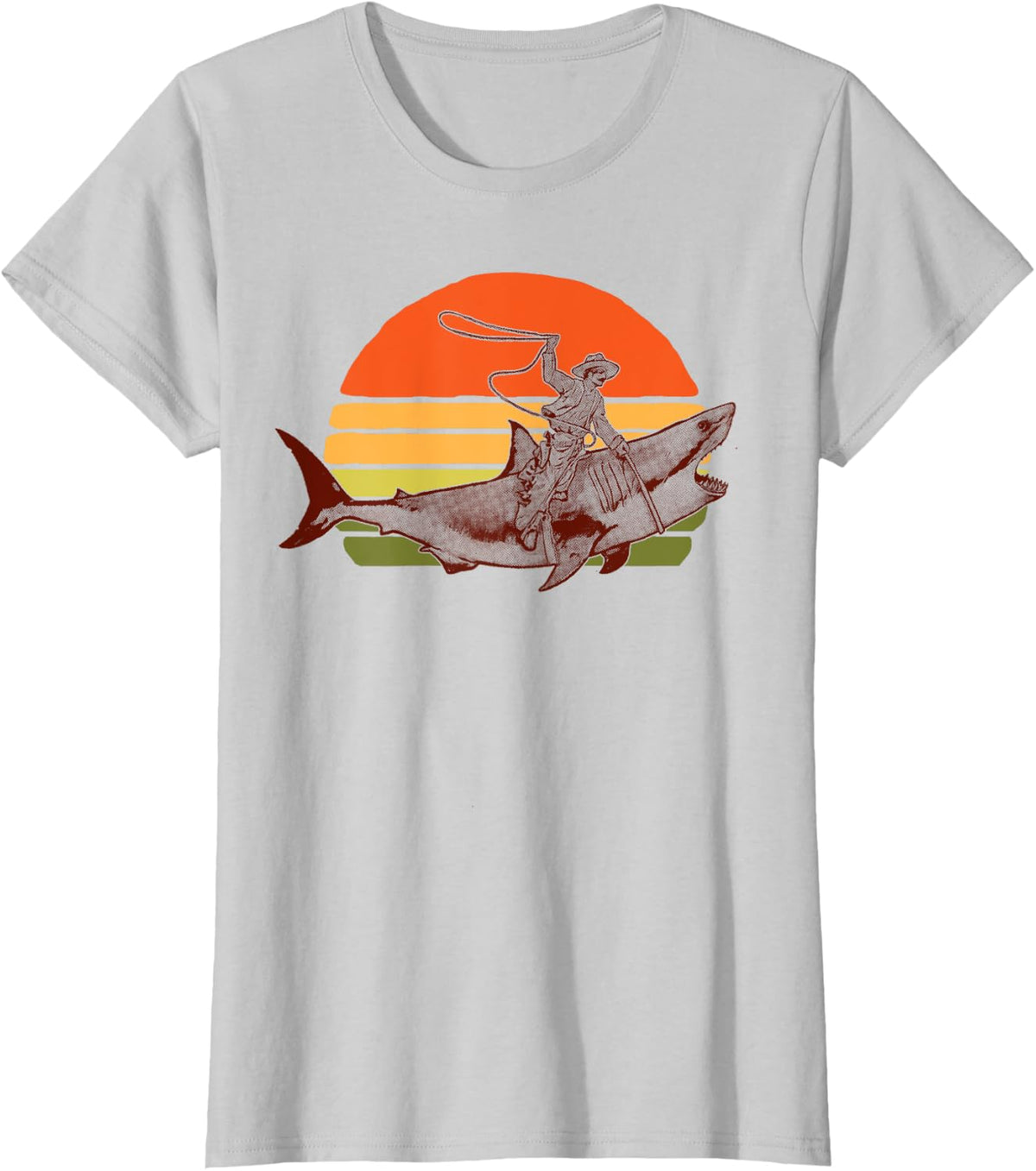 Shark Lover Rodeo Cowboy Riding Great White Vintage Funny T-Shirt - Silver Grey