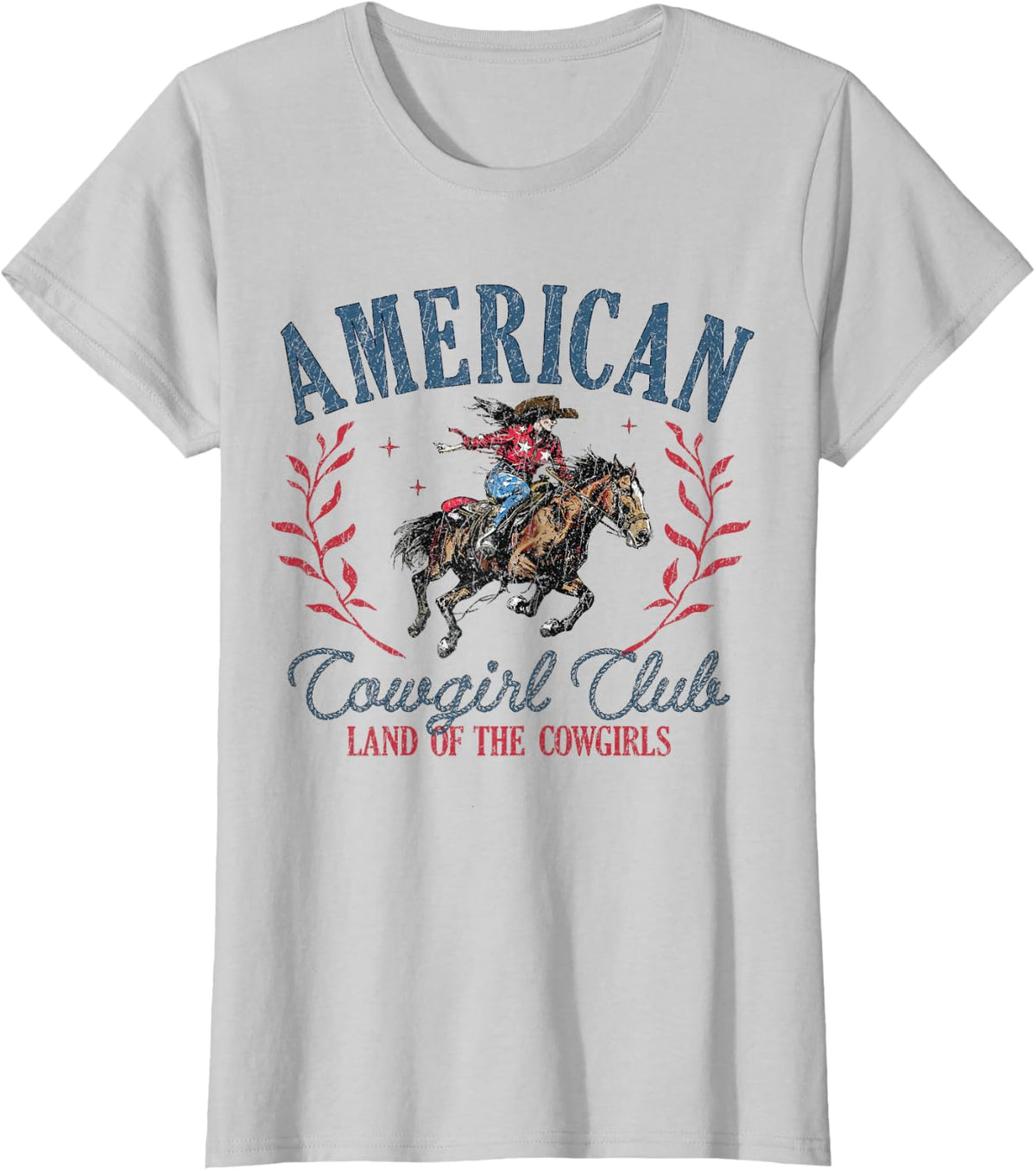 4th of July American Cowgirl Club Equestrian Rodeo Western T-Shirt - Silver Grey