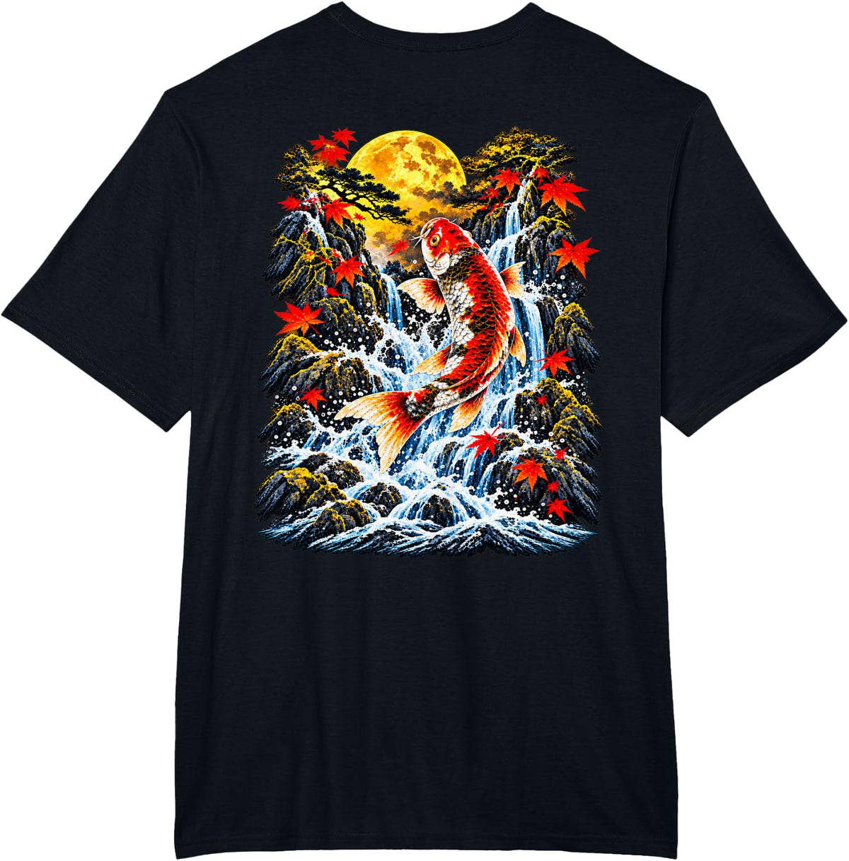 Koi Fish Waterfall Japanese Art T-Shirt - Black