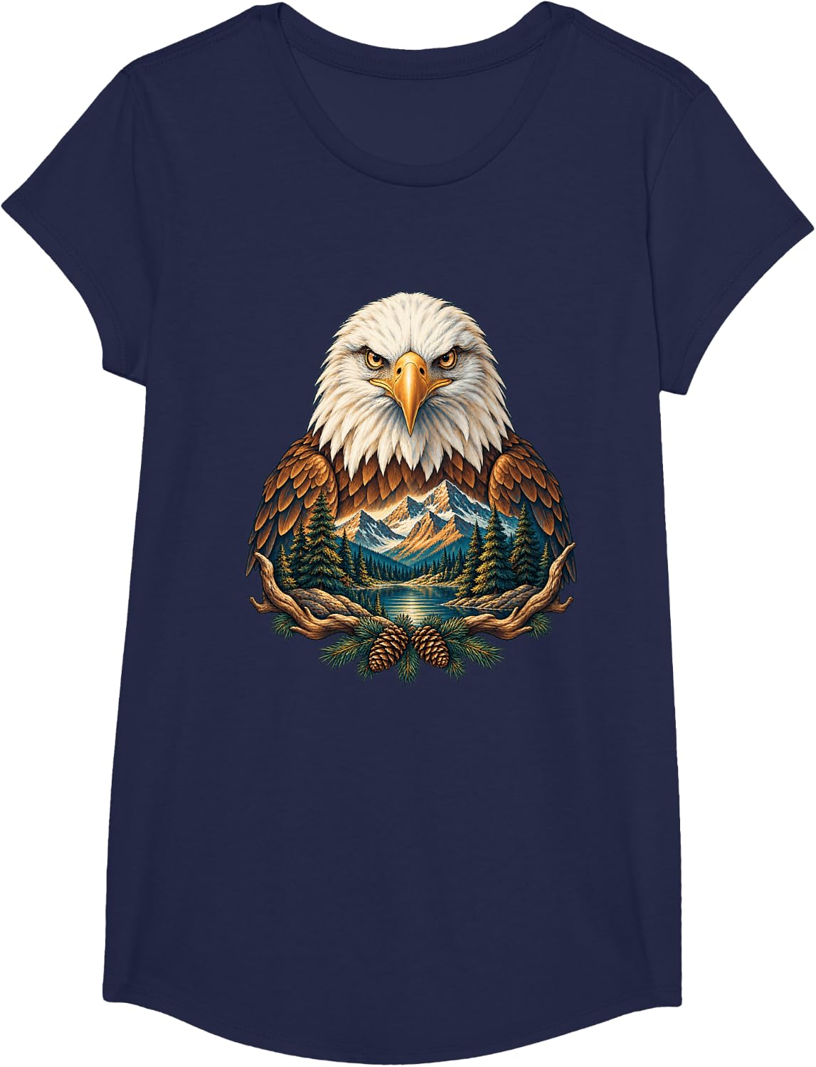 USA Bald Eagle Wildlife Art T-Shirt - Girls Navy Blue