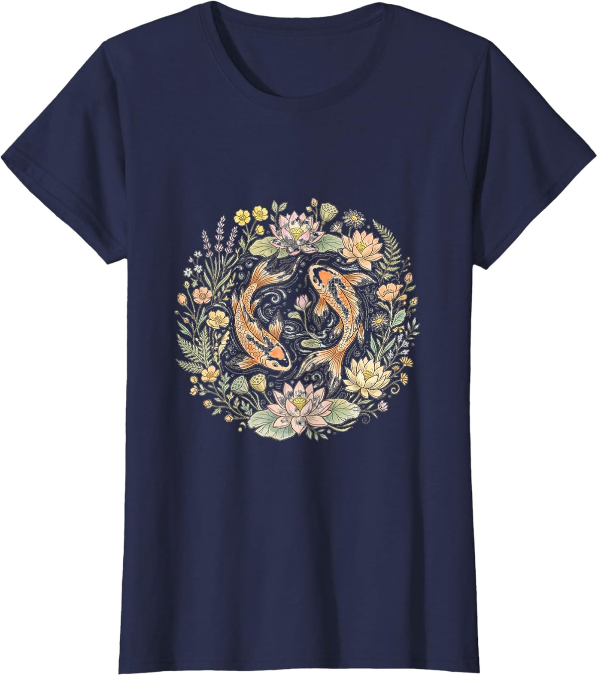Koi Fish and Lotus Floral Mandala Zen Nature Art Design T-Shirt - Navy Blue