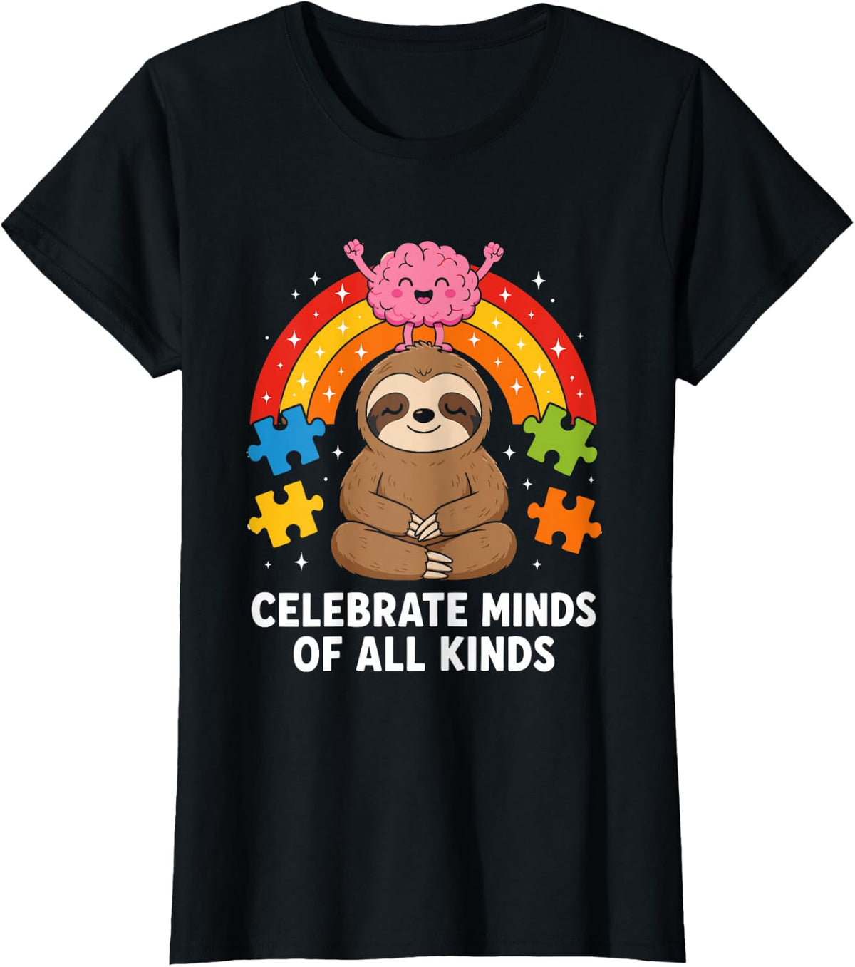 Celebrate Minds of All Kinds Autism Acceptance Sloth T-Shirt - Black