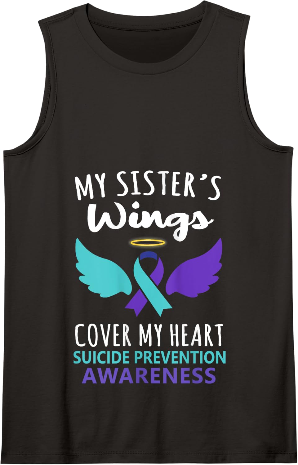 My Sister's Wings Cover Heart Suicide Awareness Ribbon Tank Top - Black