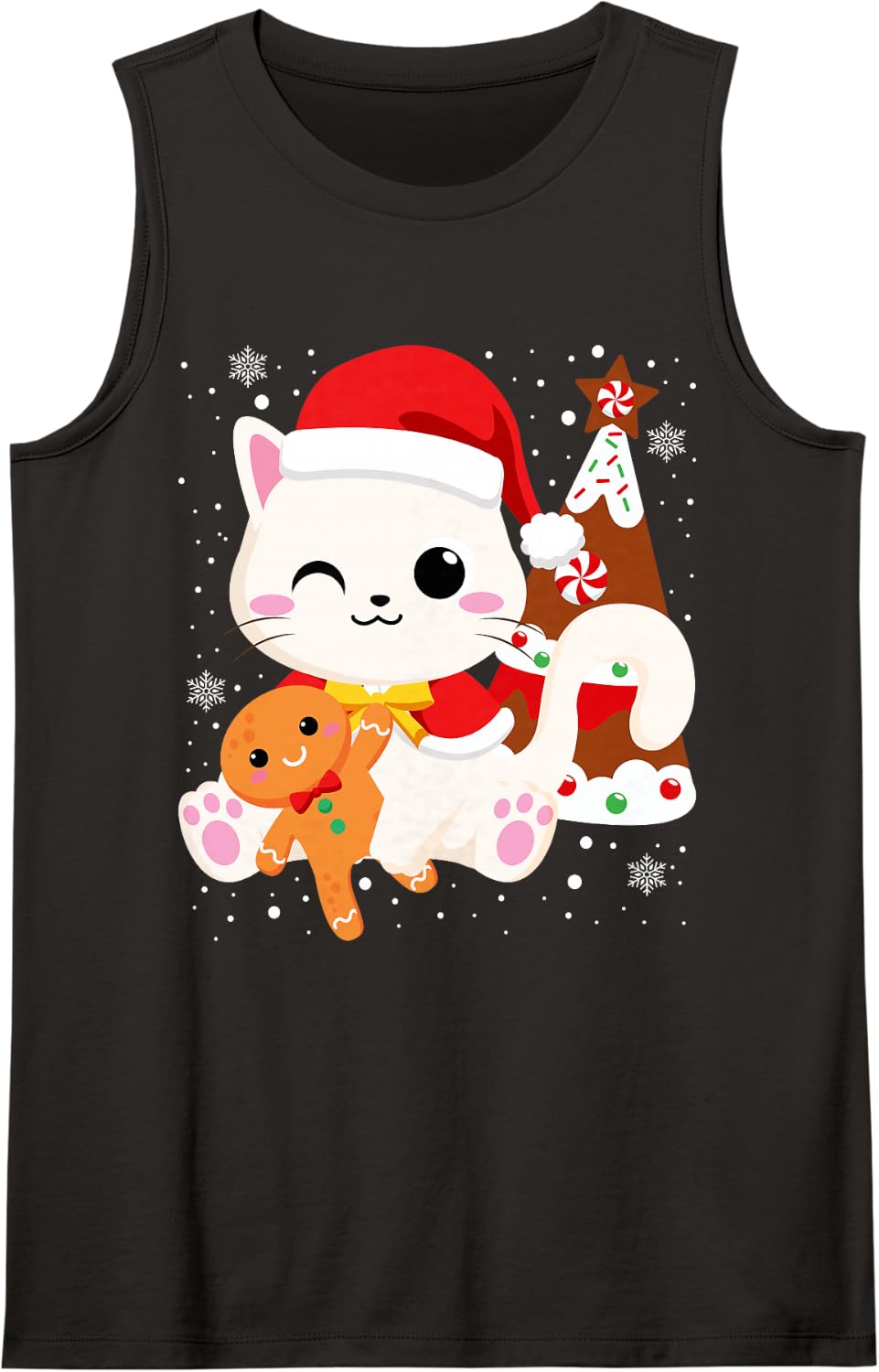 Cute Christmas White Cat Gingerbread Xmas Kittens Lovers Sleeveless Tank Top - Black