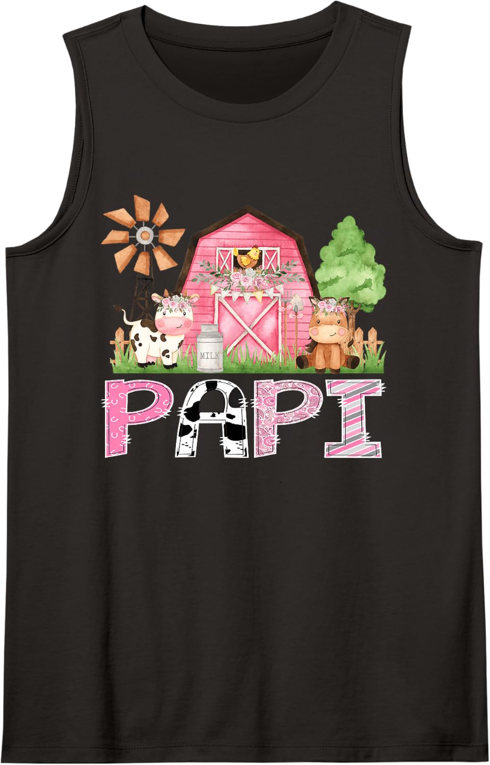 Papi Pink Farm Cow Kids Birthday Matching Family Sleeveless Tank Top - Black