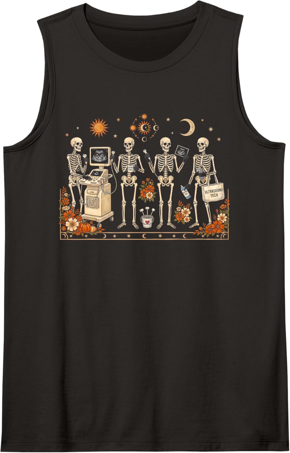 Wildflower Skeleton Sonographer Ultrasound Tech Halloween Sleeveless Tank Top - Black