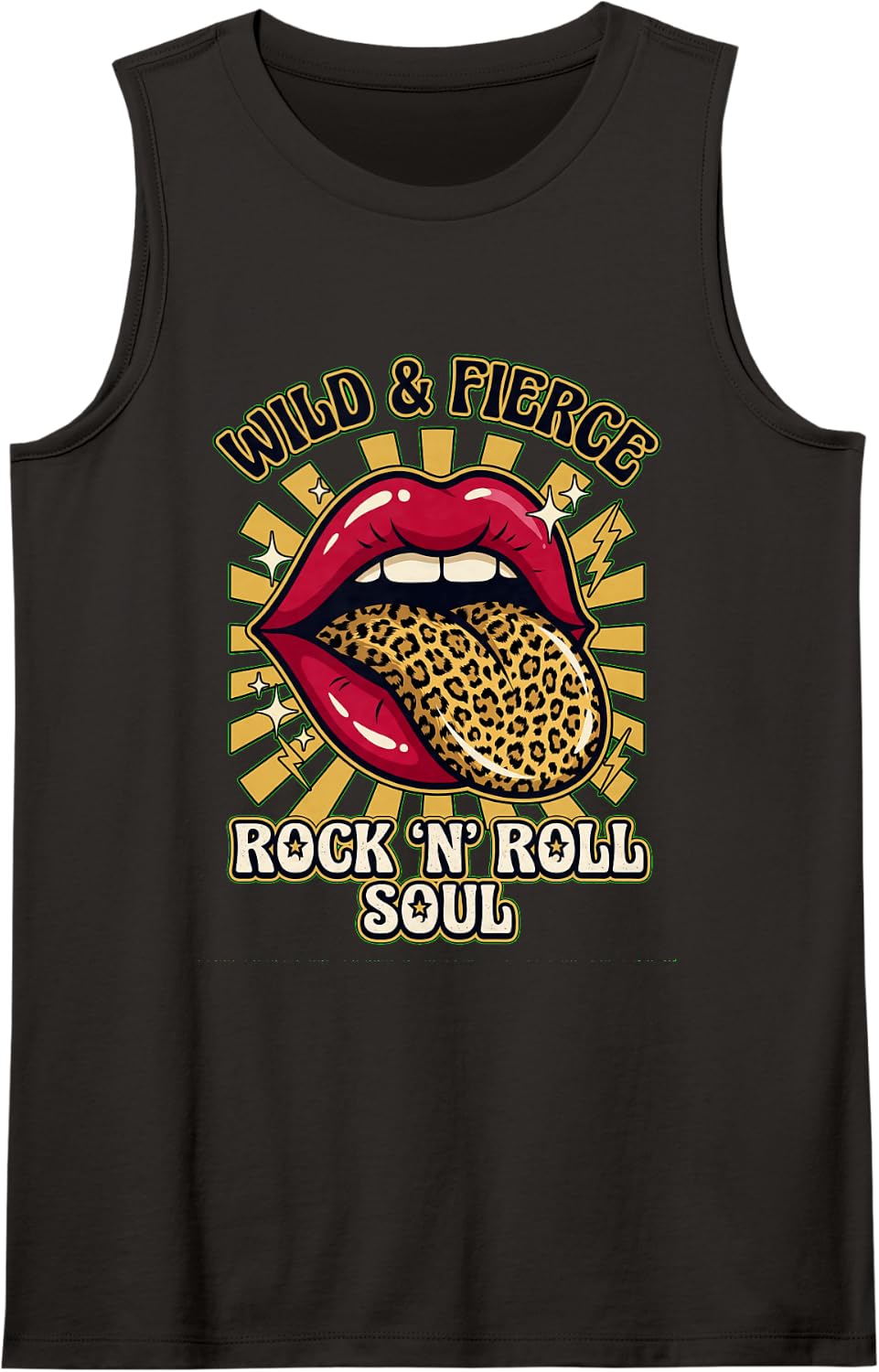 Wild and Fierce Rock Music Soul Leopard Lips Graphic Tank Top - Black