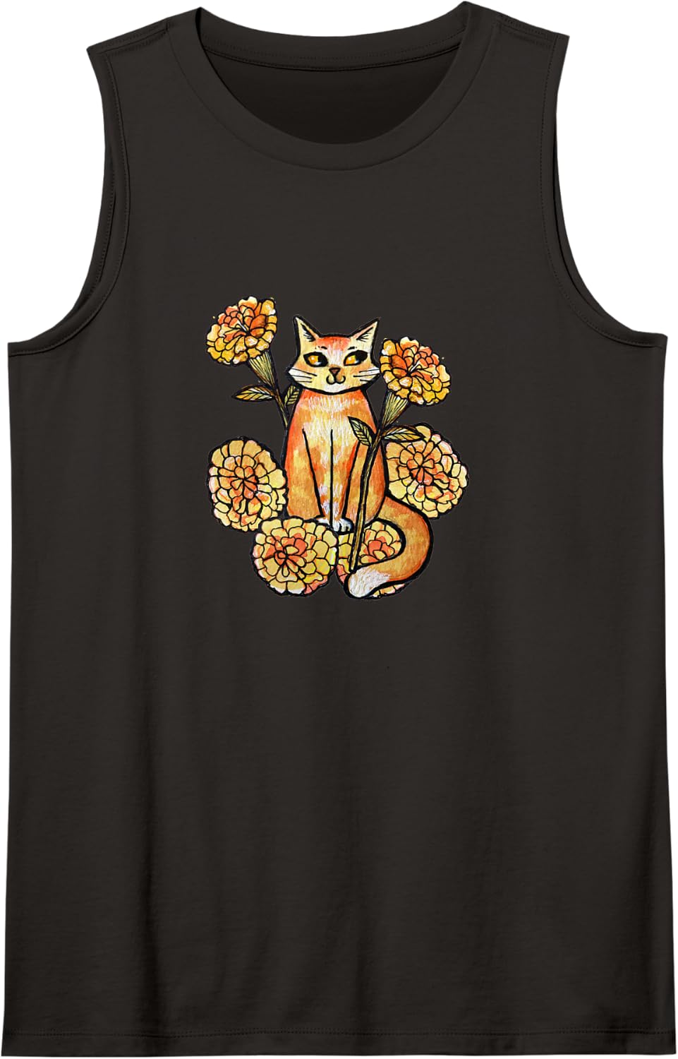 Ginger Tabby Cat with Orange Marigolds Cozy Autumn Floral Tank Top - Black