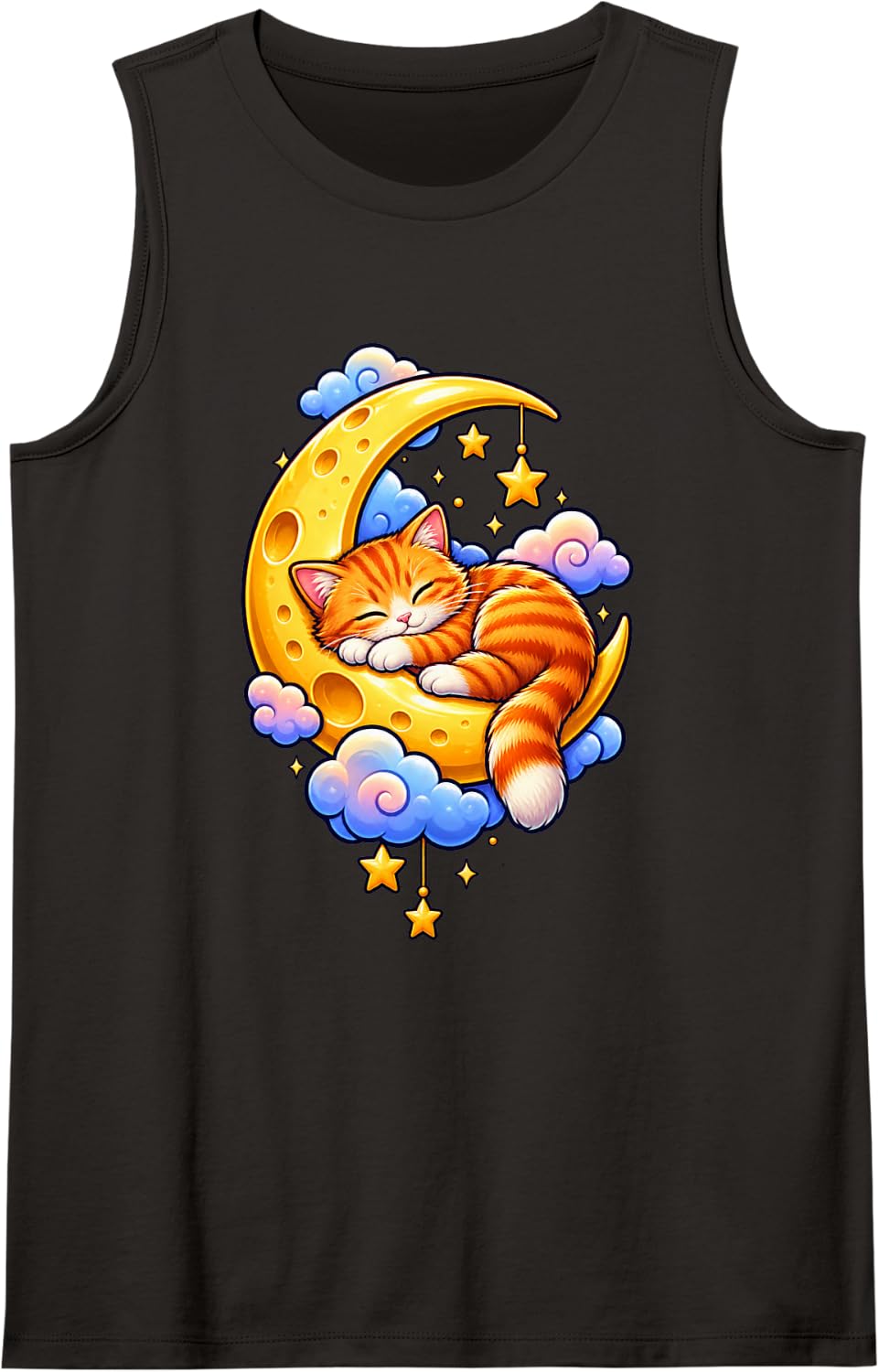 Sleeping Ginger Cat on Crescent Moon with Stars Sleeveless Tank Top - Black