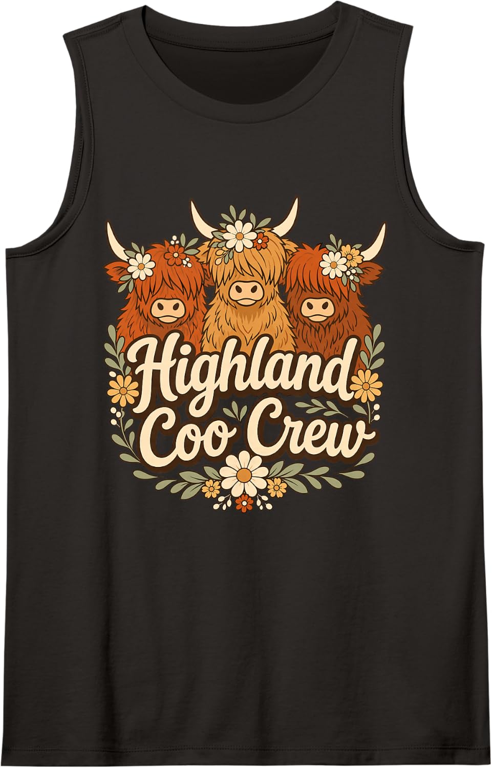 Highland Coo Crew Flower Scottish Cow Sleeveless Tank Top - Black