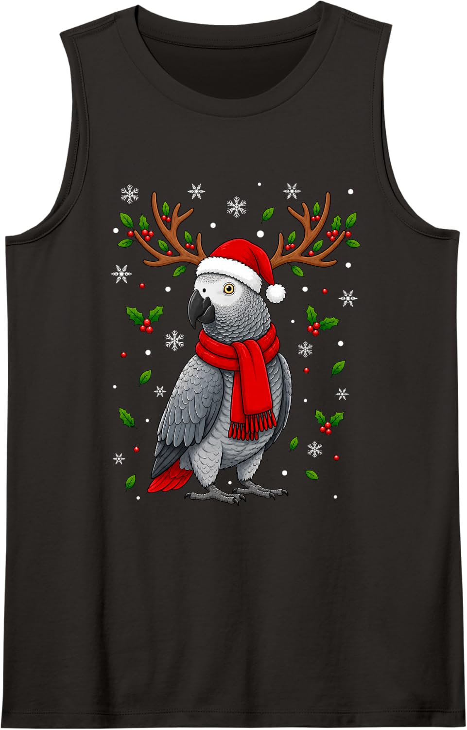 Cute Reindeer Santa Hat Grey Parrot Christmas Sleeveless Tank Top - Black
