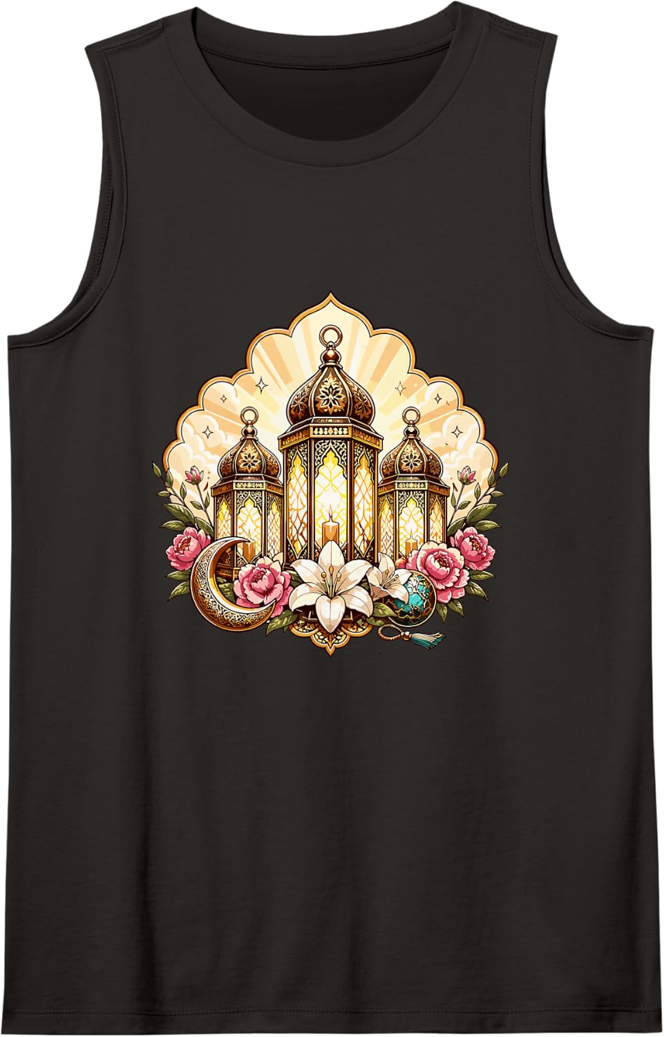 Ramadan Kareem Islamic Lantern Crescent Florals Tank Top - Black