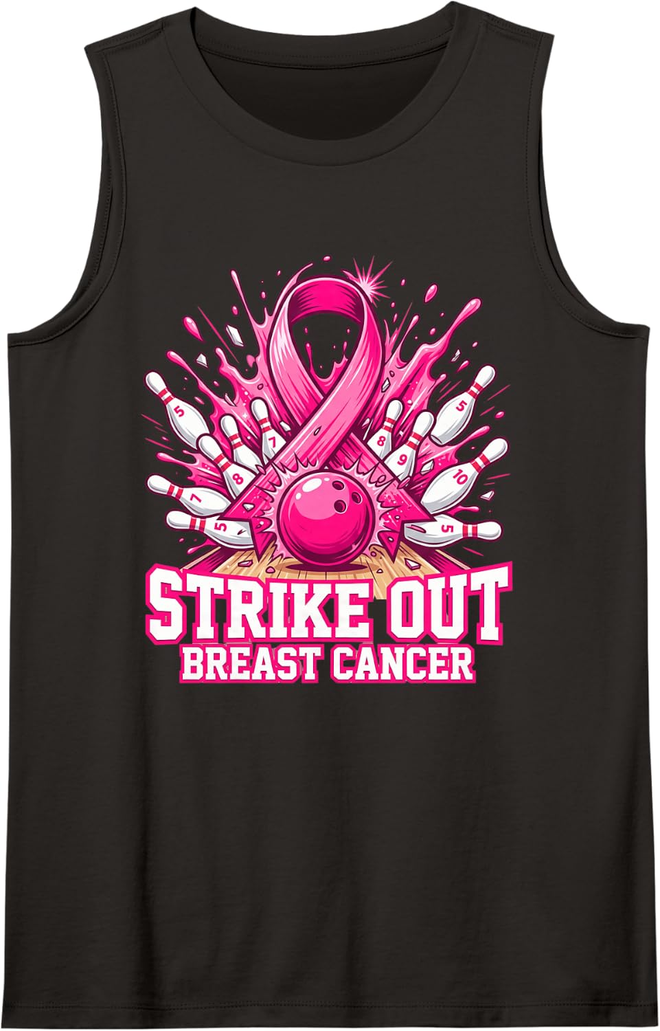 Strike Out Breast Cancer Awareness Bowling Pink Ribbon Sleeveless Tank Top - Black