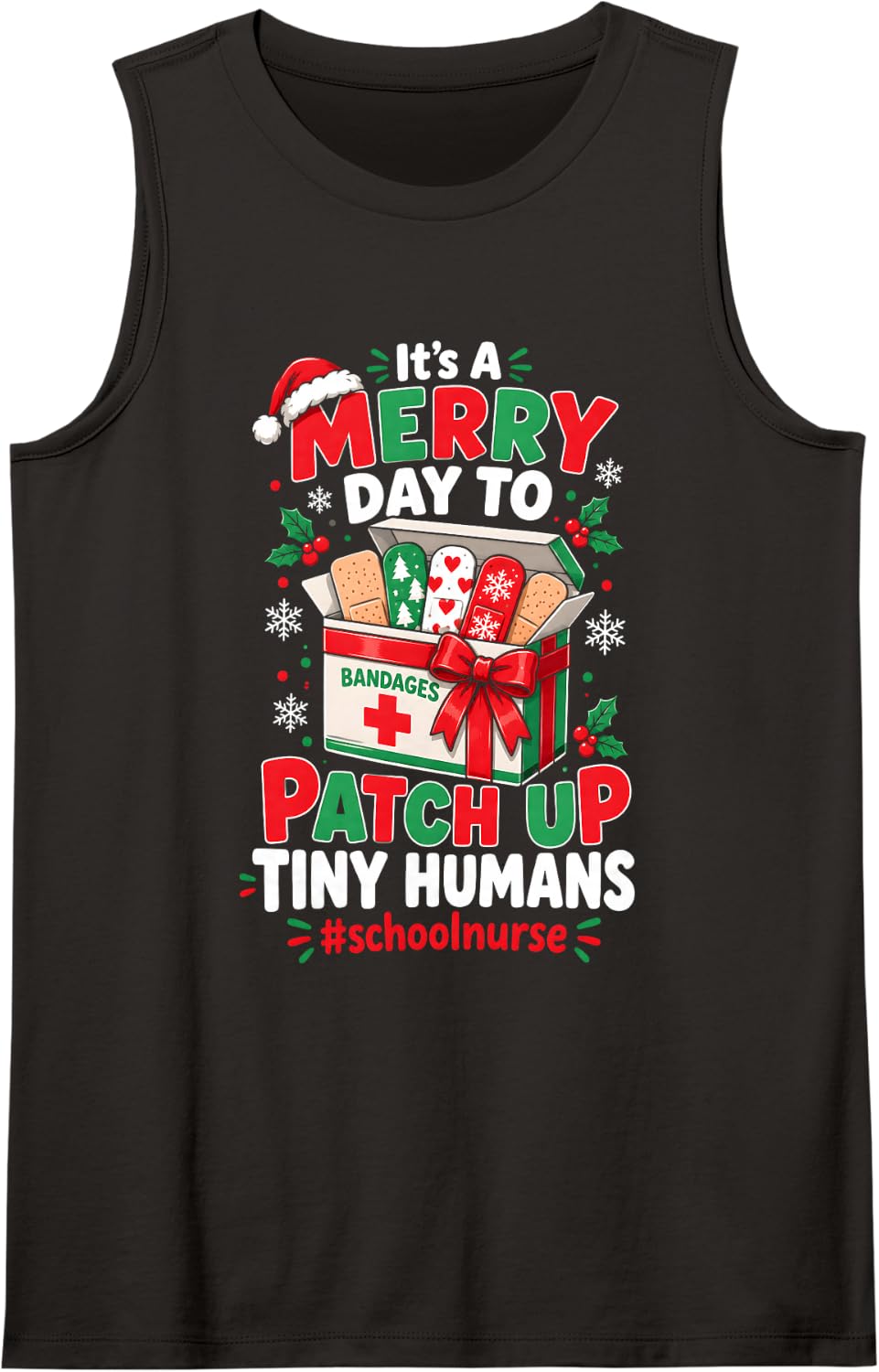 Merry Day to Patch Up Tiny Humans School Nurse Christmas Sleeveless Tank Top - Black