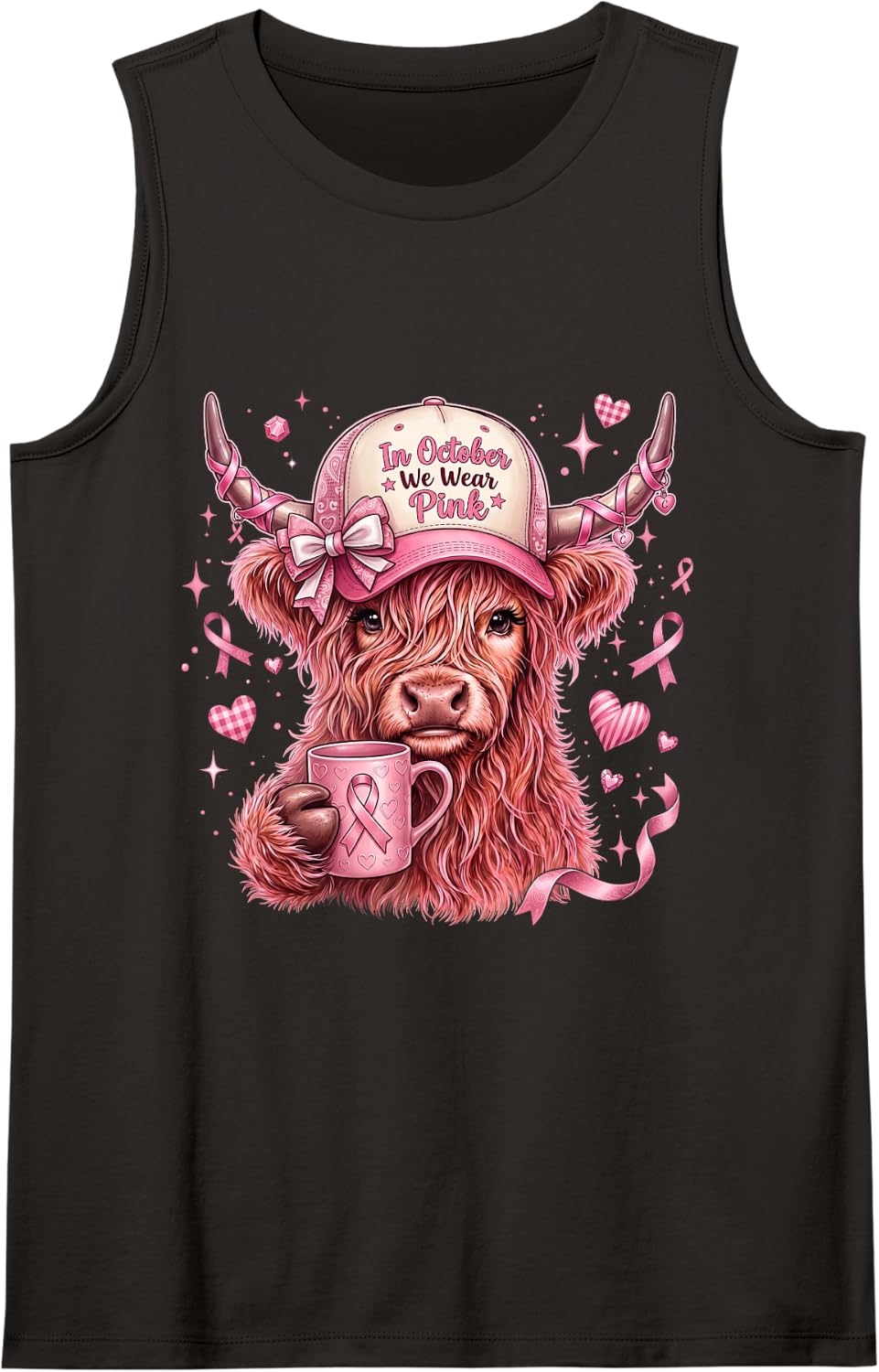 in October We Wear Pink Highland Cow Coffee Breast Cancer Sleeveless Tank Top - Black
