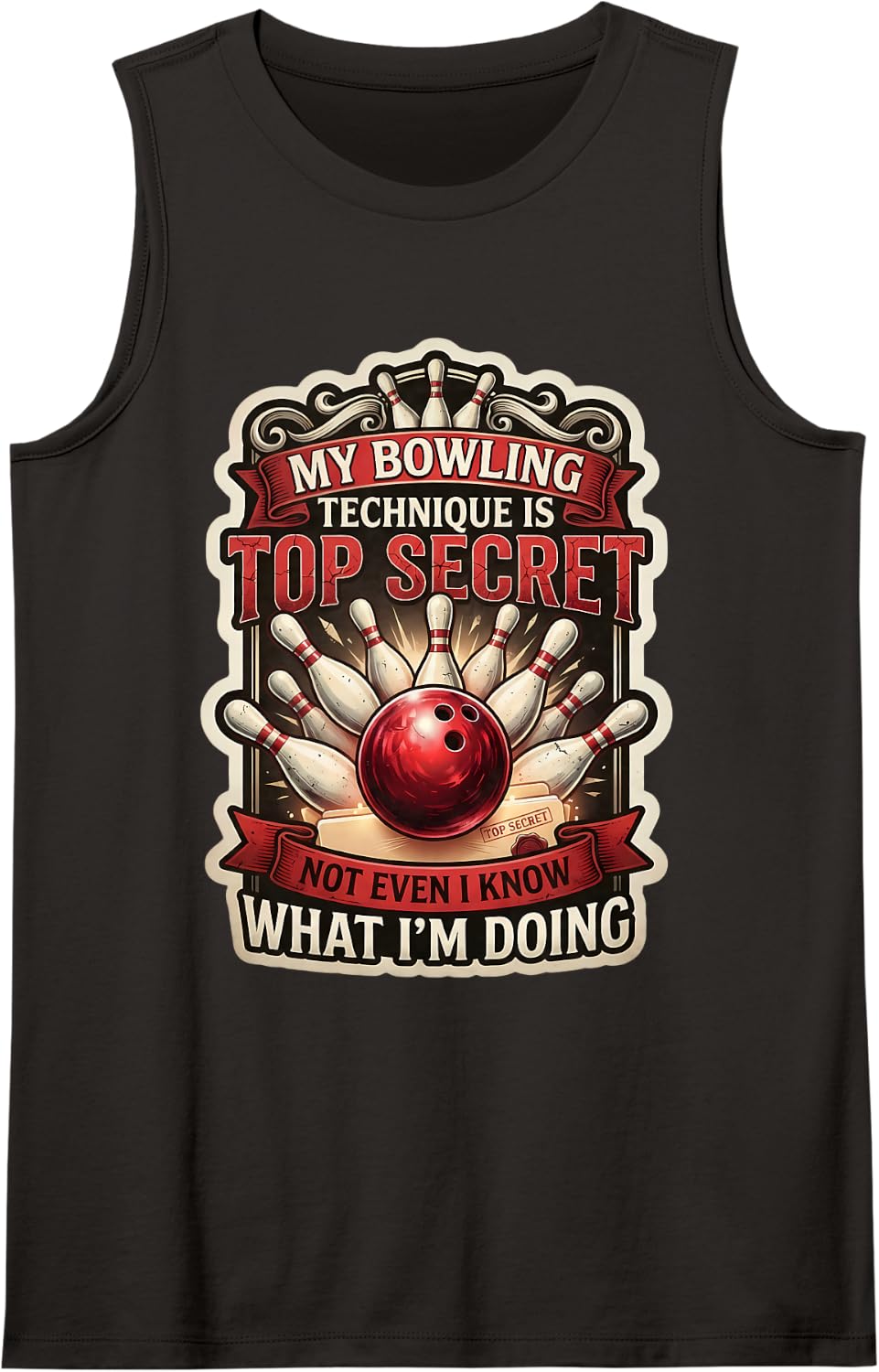 My Bowling Technique is Top Secret Funny Bowler Joke Quote Sleeveless Tank Top - Black