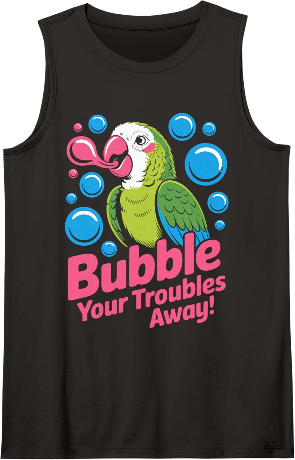 Bubble Your Troubles Away Parrot Design Sleeveless Tank Top - Black