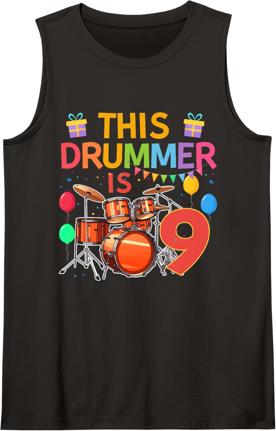 This Drummer is 9 Year Old Birthday Drum Set Drumming Sleeveless Tank Top - Black