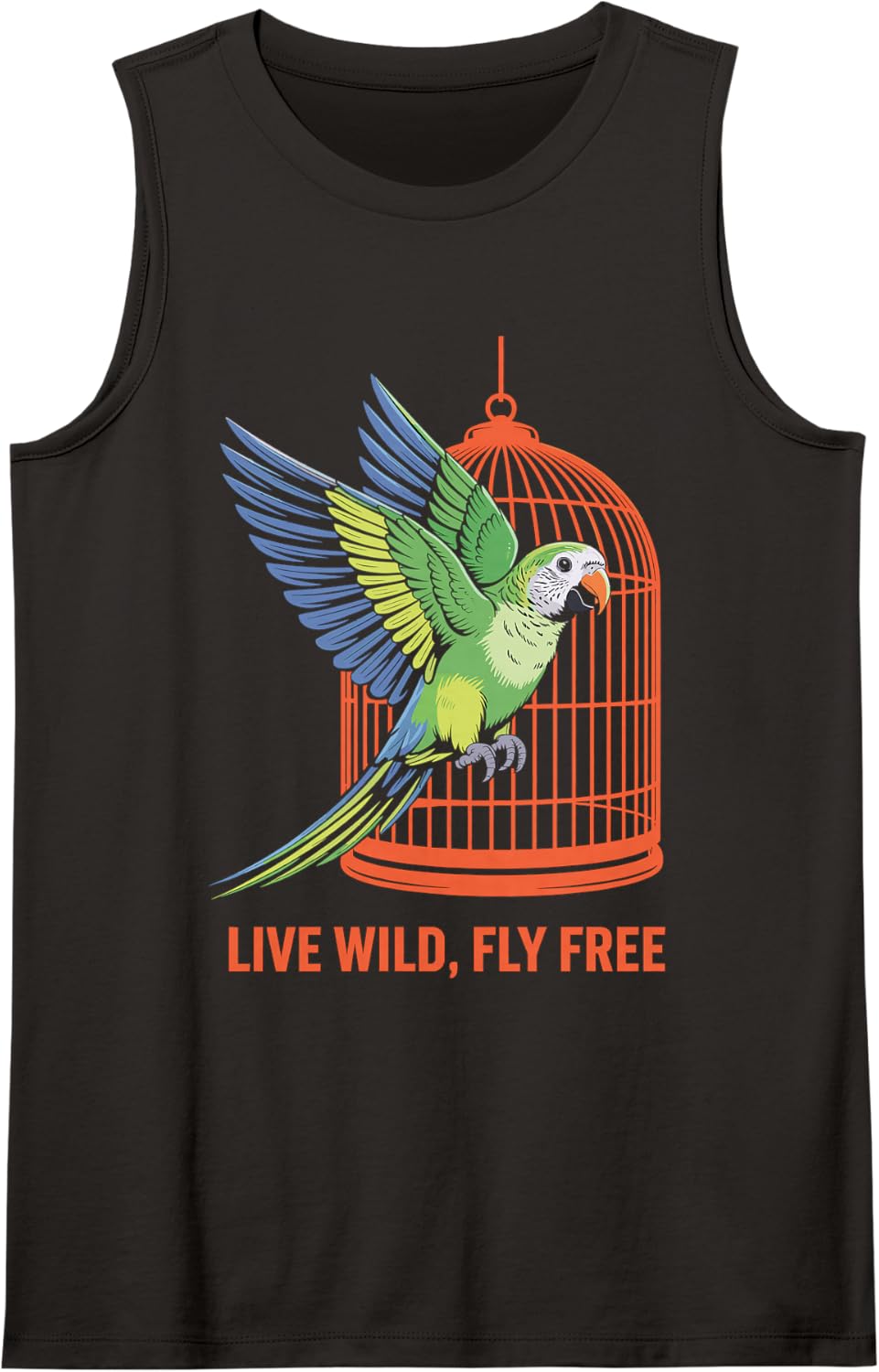 Live Wild, Fly Free Parrot Design Sleeveless Tank Top - Black