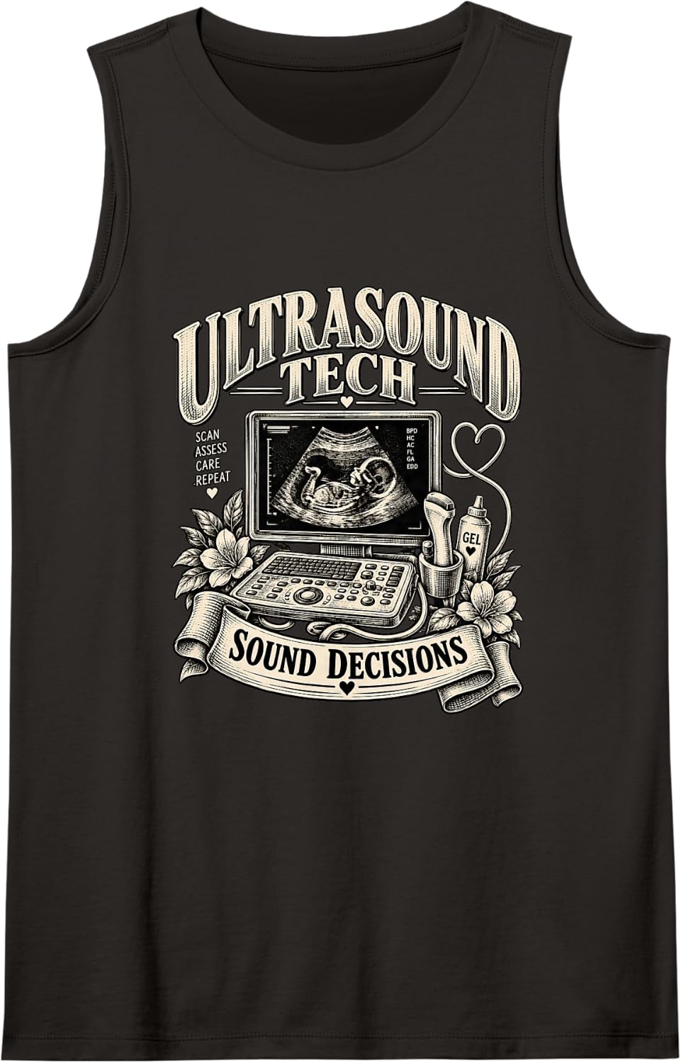 Sound Decisions Funny Ultrasound Tech Sonographer Sleeveless Tank Top - Black