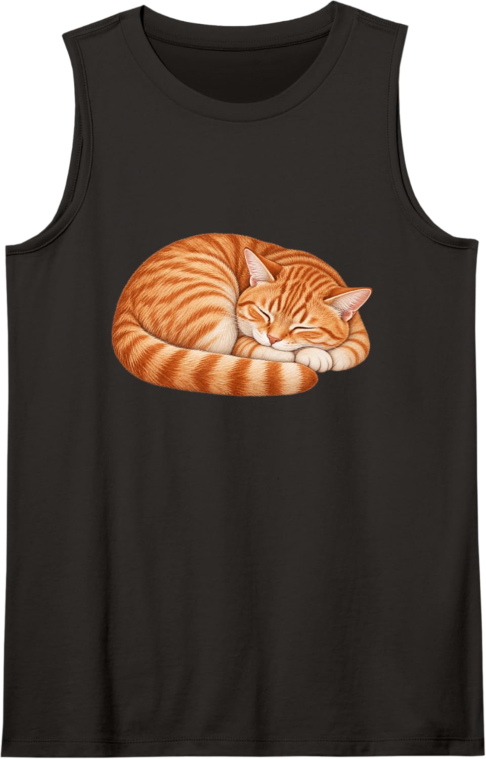 Sleeping Orange Tabby Cat Curled Up Pet Illustration Sleeveless Tank Top - Black
