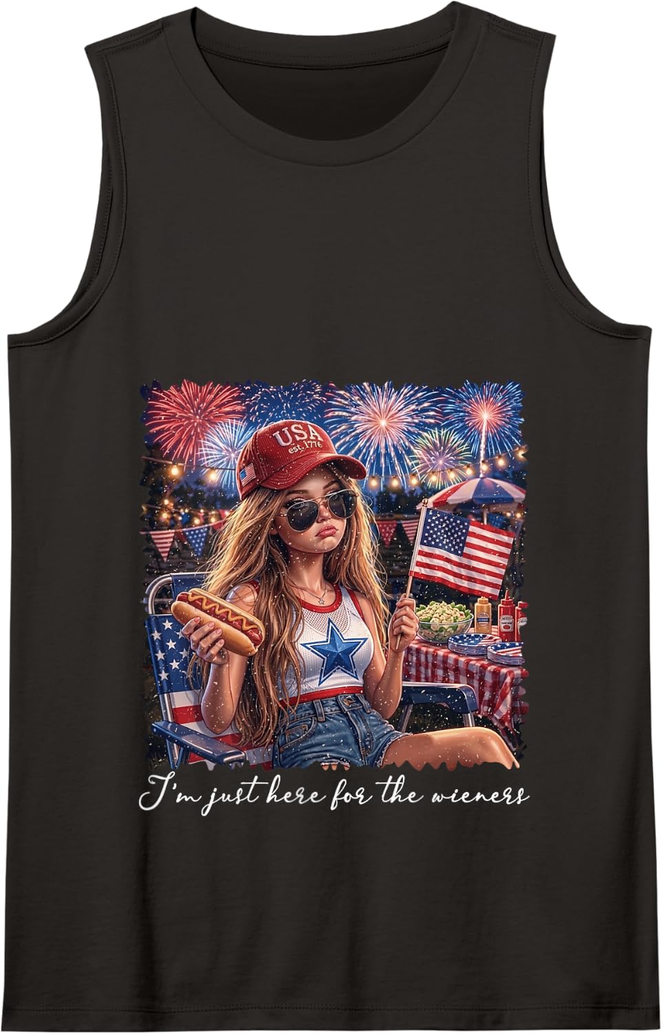 I'm Just Here for The Wieners Funny Doll Face Meme July 4th Tank Top - Black
