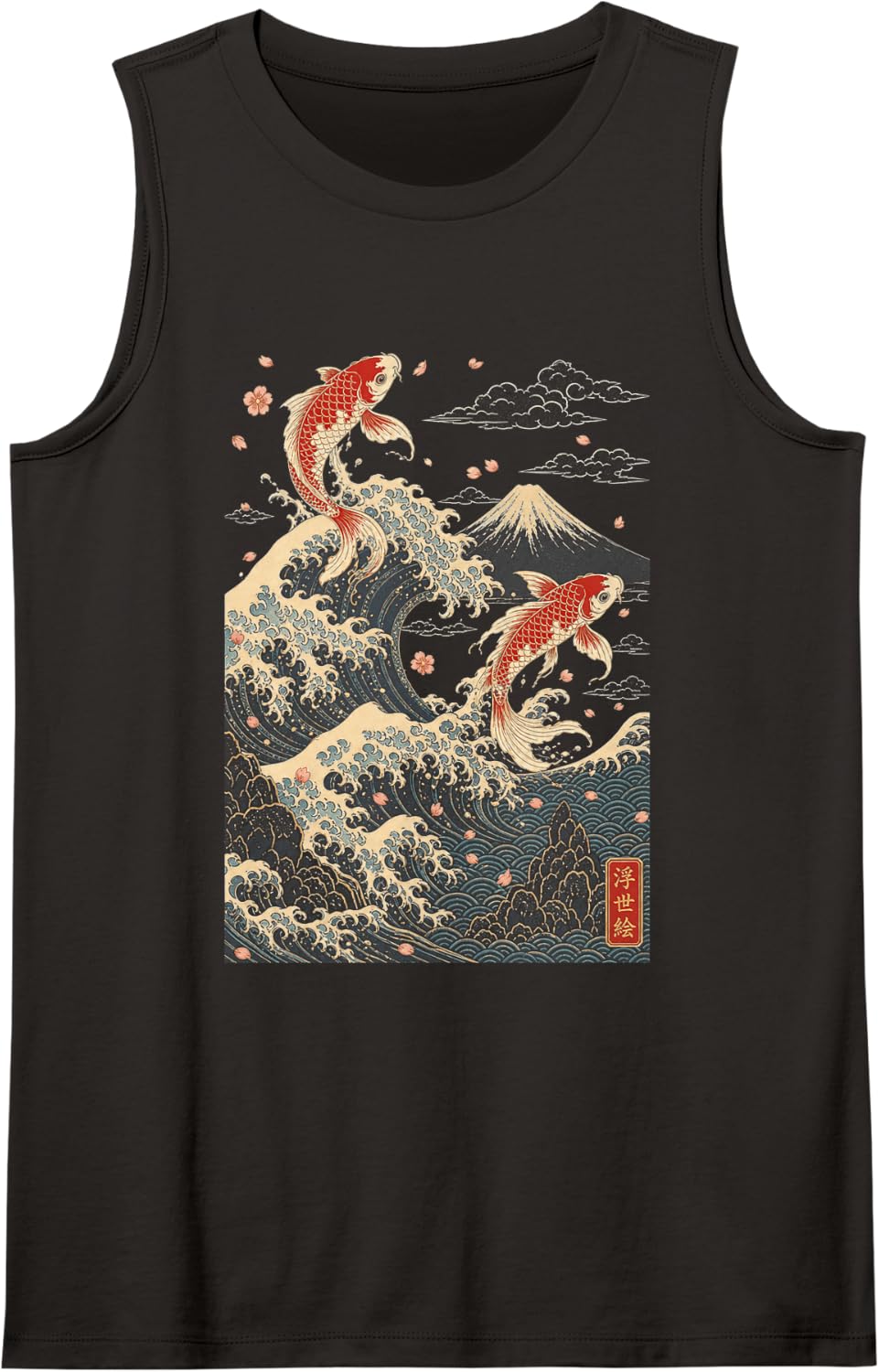 Japanese Koi Fish Great Wave Mount Fuji Ukiyo-e Art Sleeveless Tank Top - Black