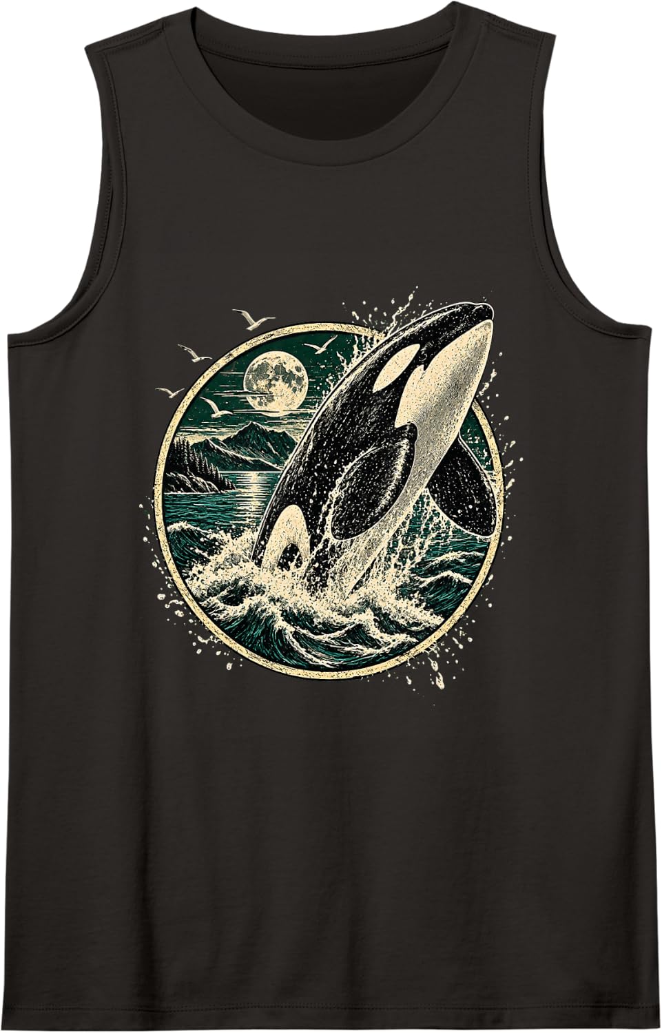 Women's Vintage Orca Whale Pacific Northwest Ocean Wildlife Sleeveless Tank Top - Black