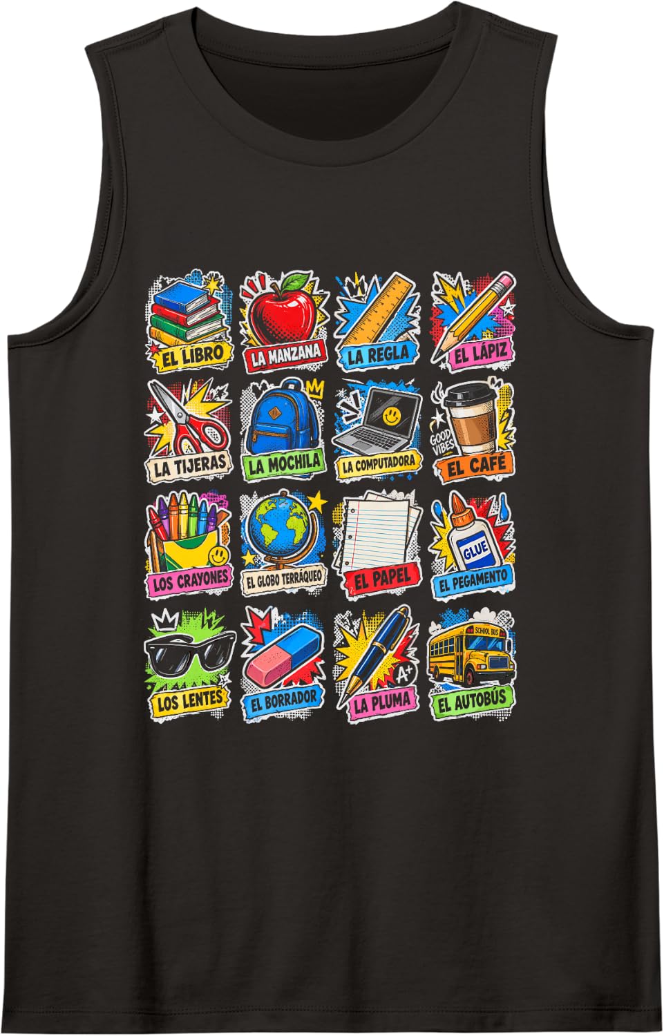 Colorful Spanish School Sleeveless Tank Top - Black