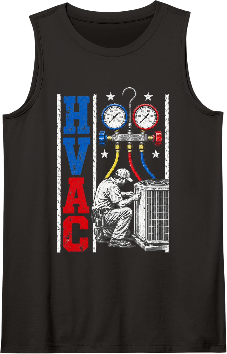 Distressed Proud USA HVAC Tech American Flag HVAC Technician Sleeveless Tank Top - Black