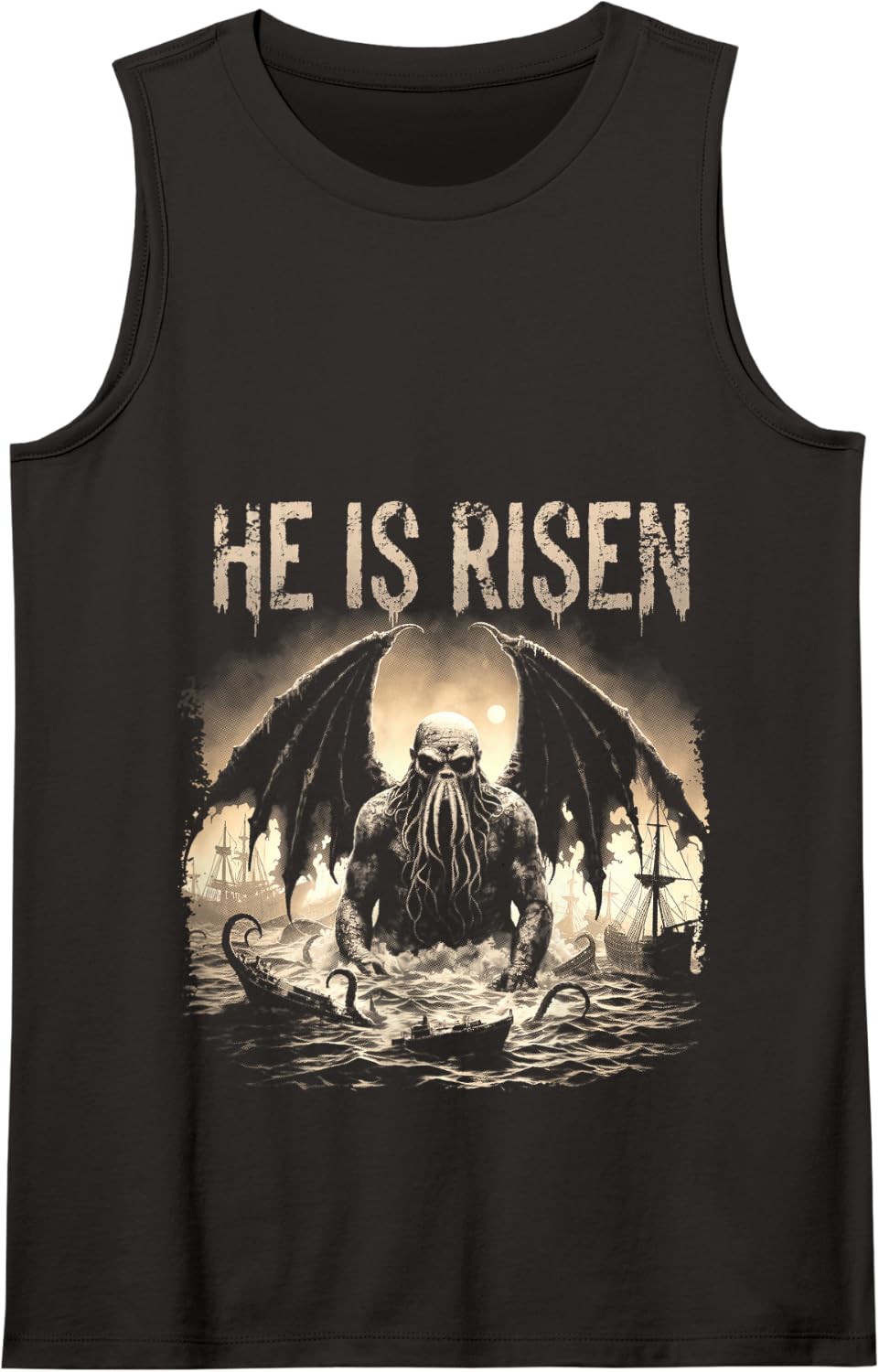 Cthulhu, He Is Risen, Vintage Cthulhu Easter Horror Tank Top - Black