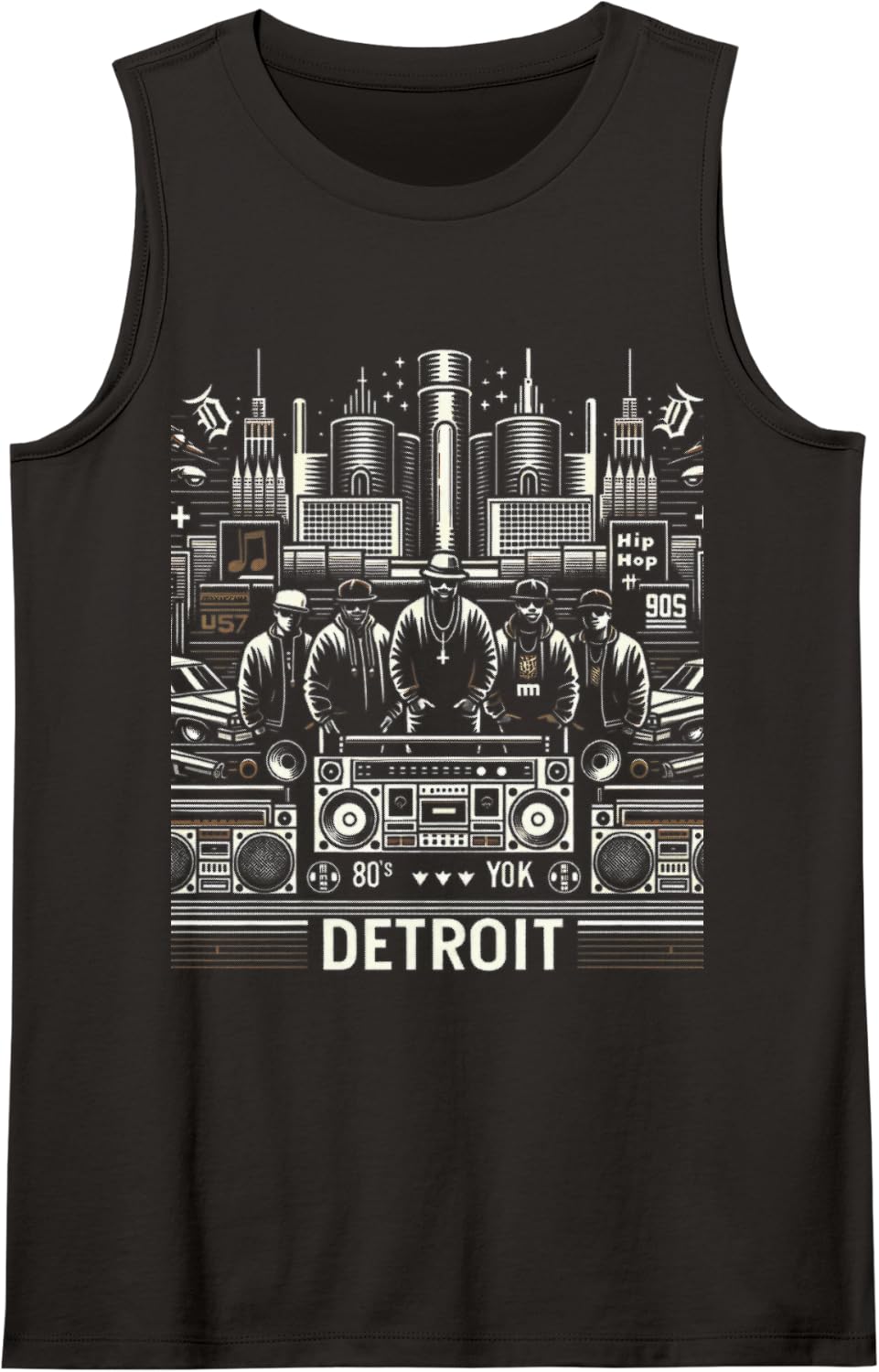 Detroit Hip Hop Rap | Cool Graphic Tee | Men Women S - 6XL Sleeveless Tank Top - Black