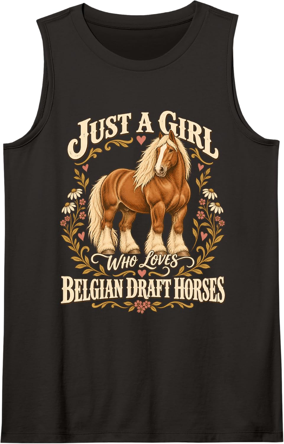 Women's Belgian Draft Horse Girl Floral Horse Lover Sleeveless Tank Top - Black