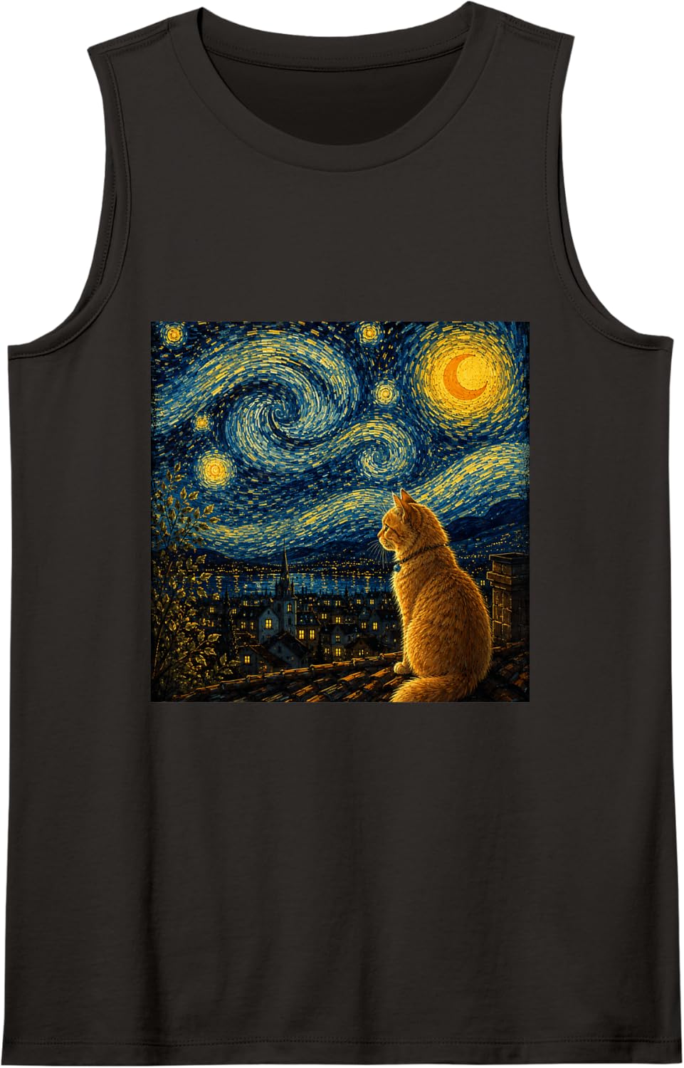 Fluffy Ginger Cat Under a Starry Night Sky Sleeveless Tank Top - Black