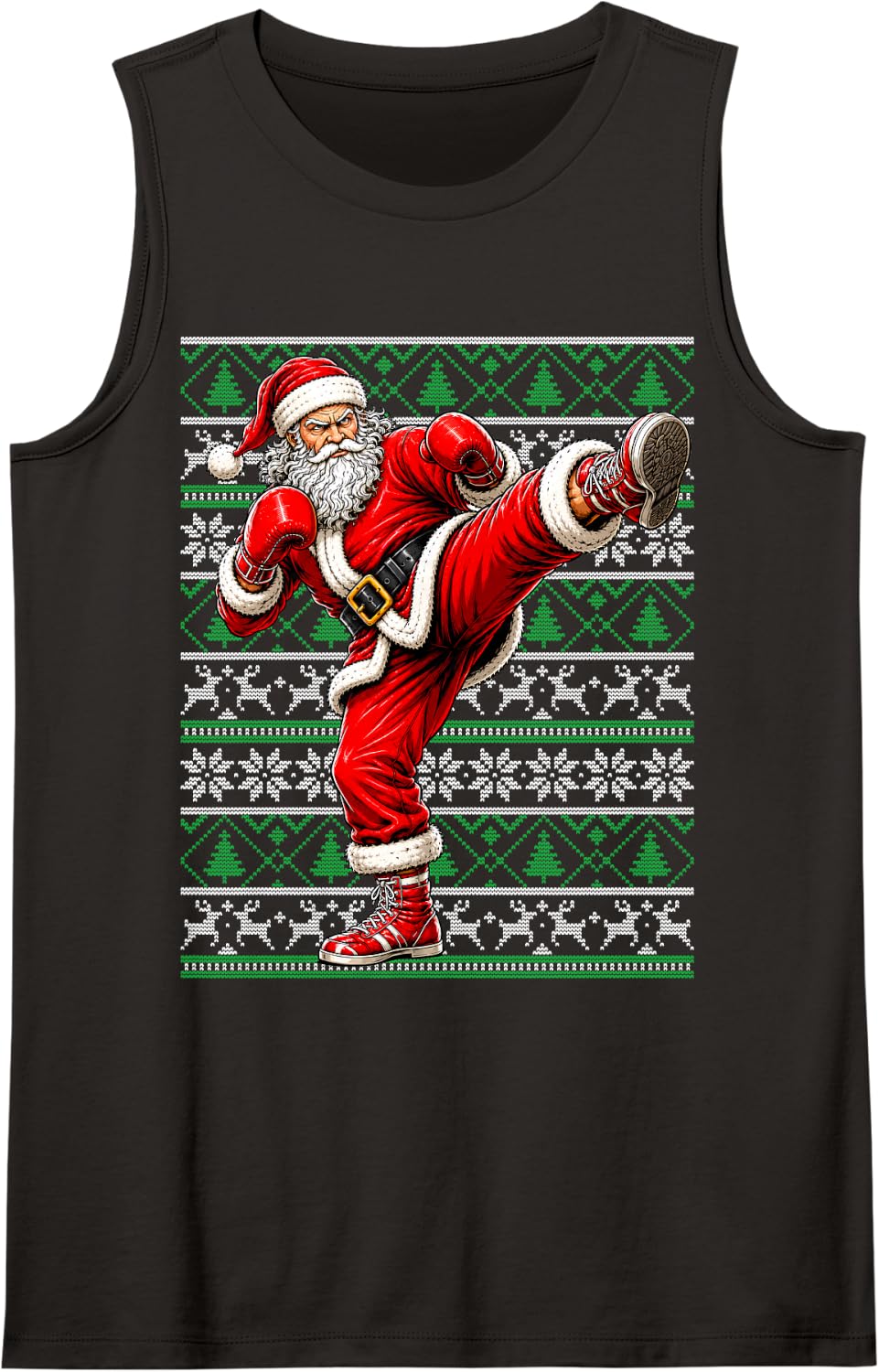 Kickboxing Santa Christmas Ugly Sweater Festive Xmas Sleeveless Tank Top - Black