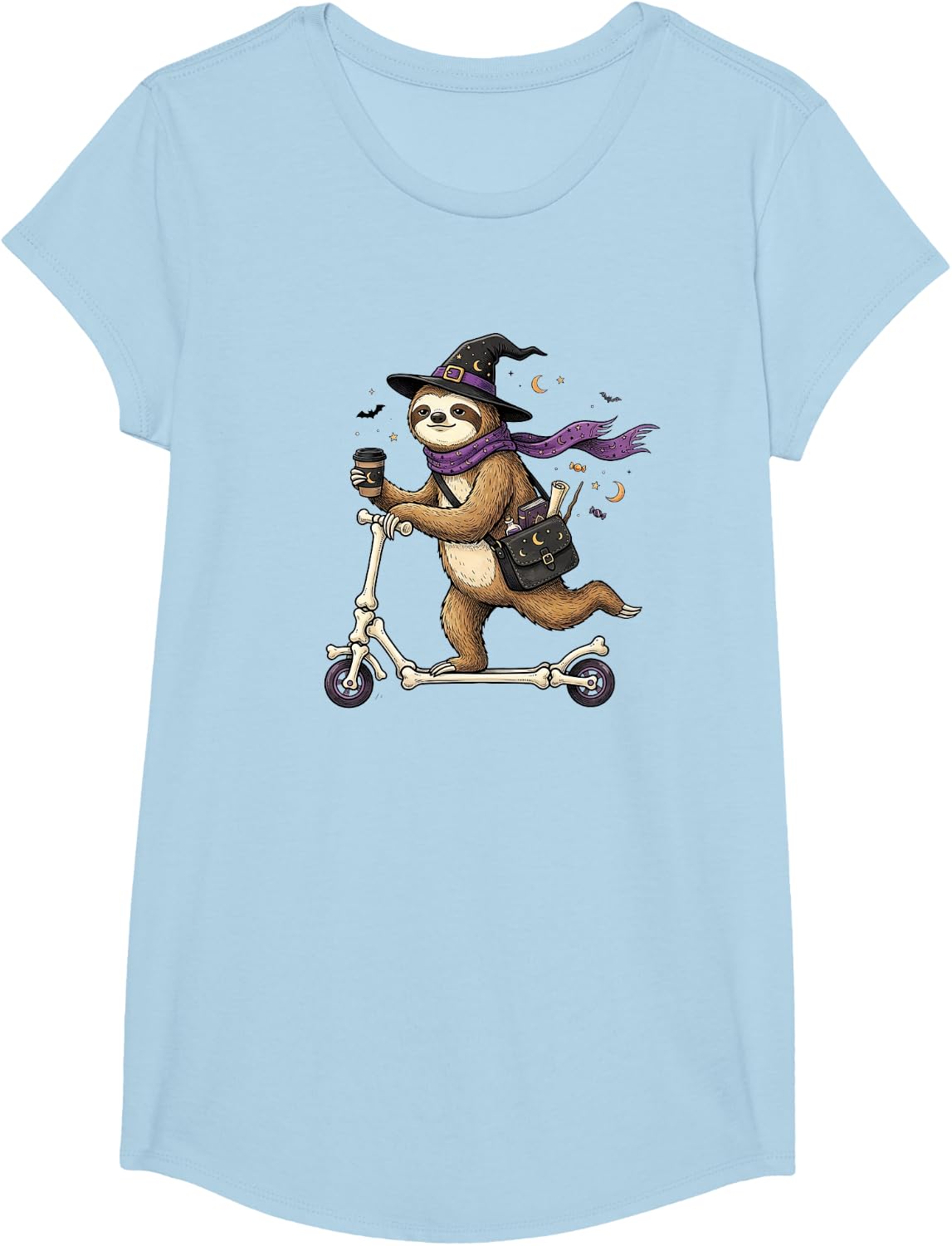 Sloth Scooter Witch Halloween Kids Mens Womens T-Shirt - Girls Baby Blue