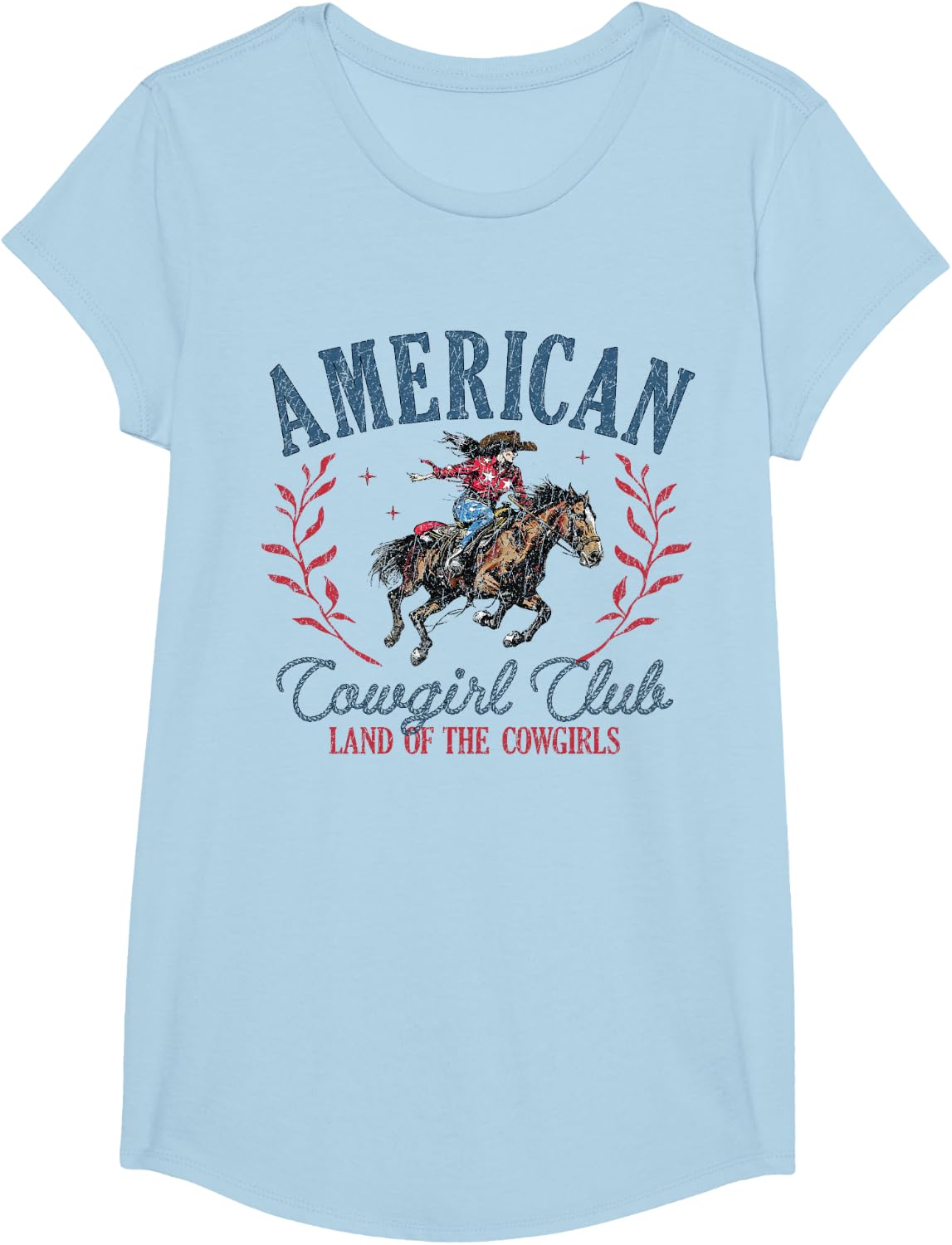 4th of July American Cowgirl Club Equestrian Rodeo Western T-Shirt - Girls Baby Blue
